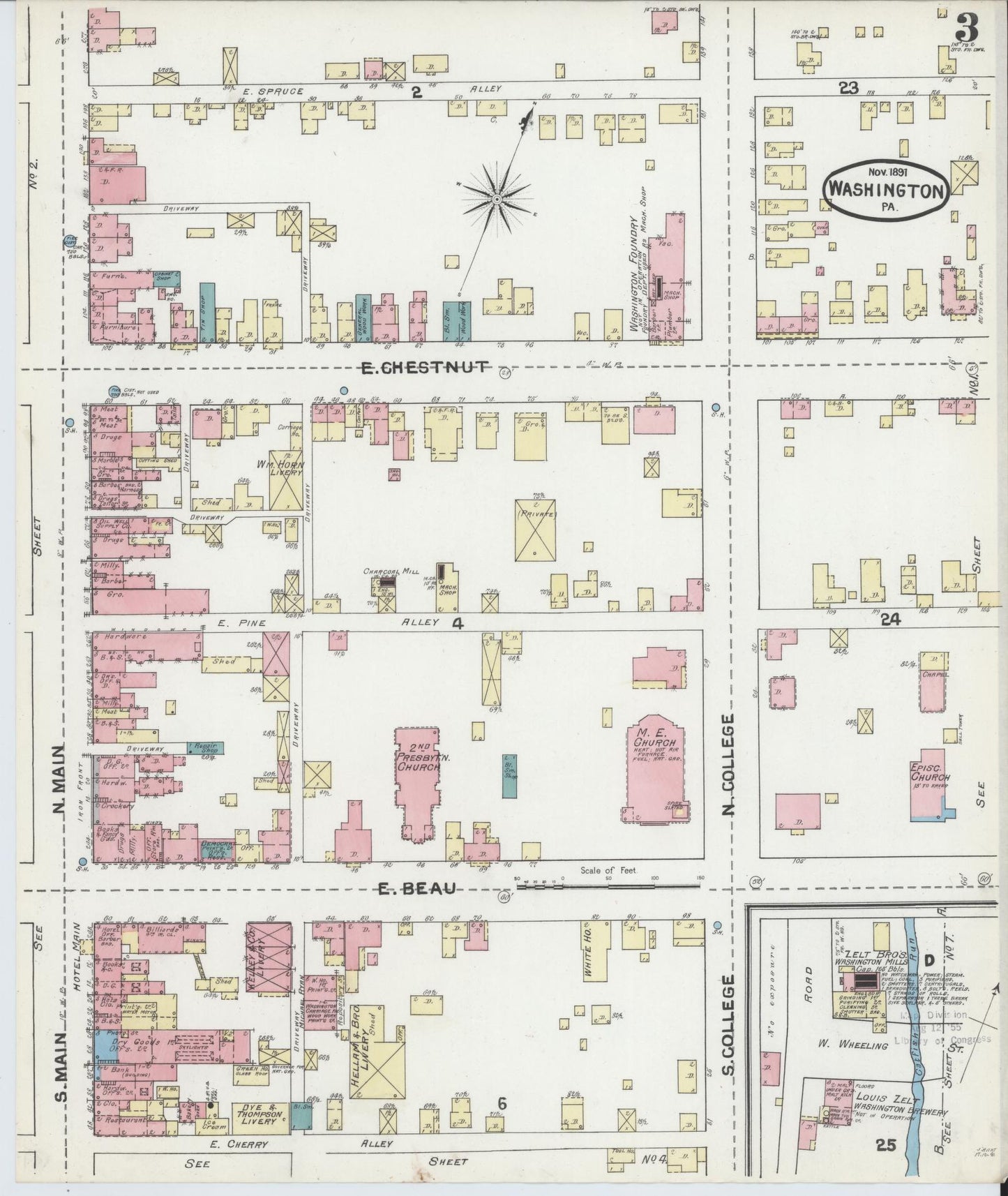 Sanborn Fire Insurance Map from Washington, Washington County, Pennsylvania (1891), Sheet #0003 - Historic Sanborn Fire Insurance Map Print, vintage old map wall art, antique decor, genealogy gift, Sanborn Fire Insurance Map from Washington Washington map