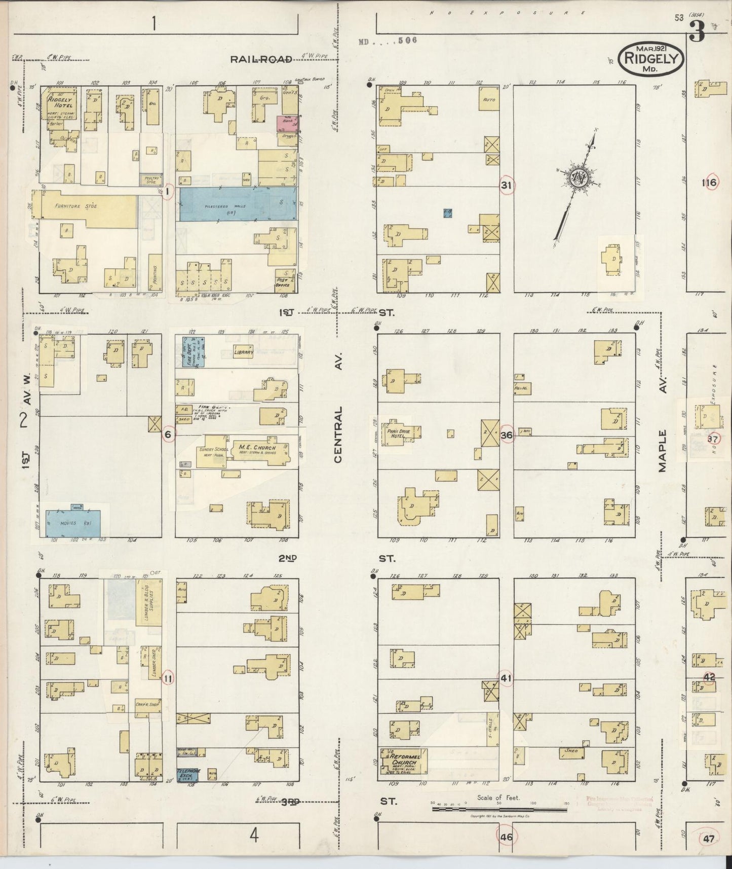 Sanborn Fire Insurance Map from Ridgely, Caroline County, Maryland (1934), Sheet #0003 - Historic Sanborn Fire Insurance Map Print, vintage old map wall art