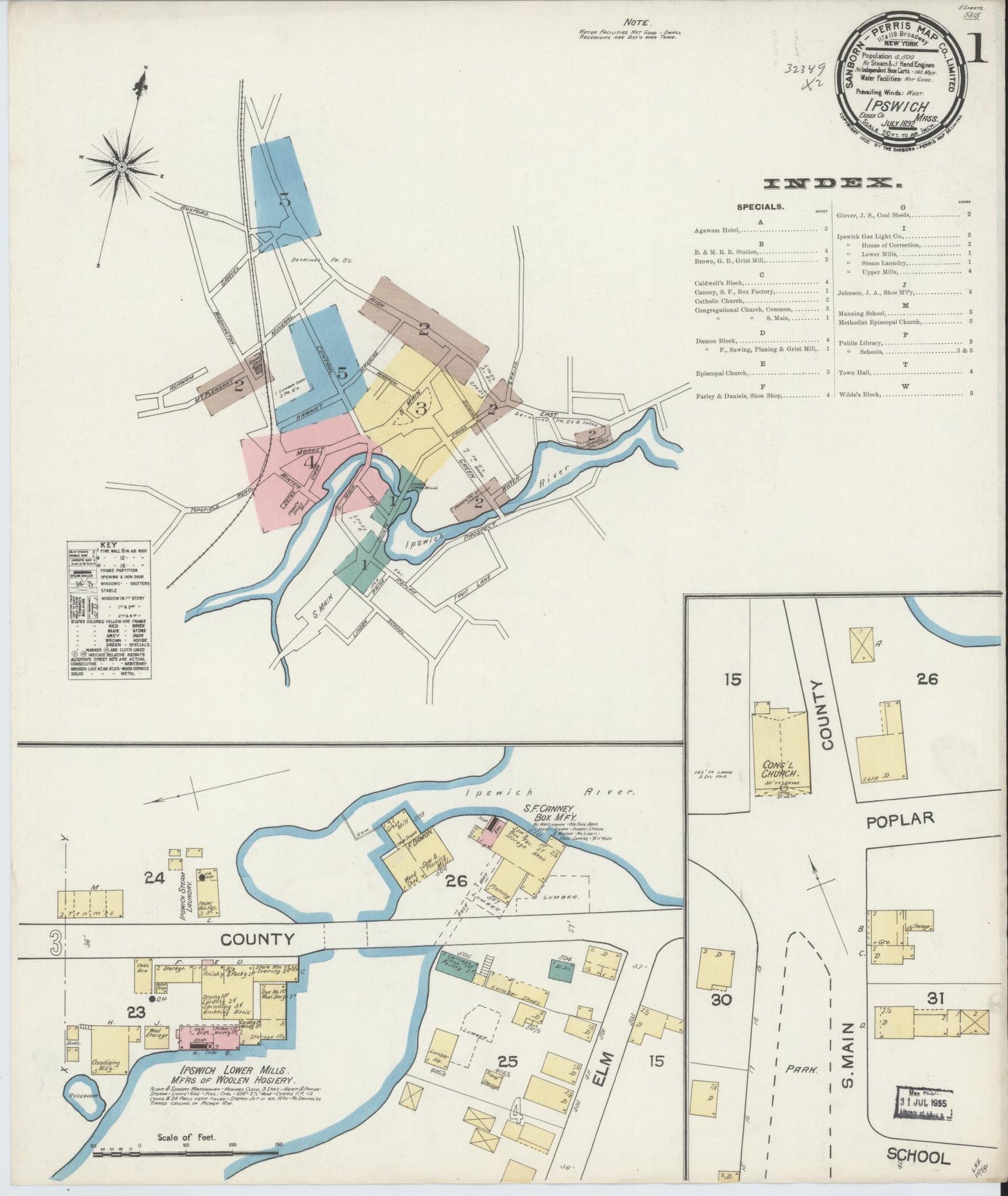 Sanborn Fire Insurance Map from Ipswich, Essex County, Massachusetts (1892), Sheet #0001 - Historic Sanborn Fire Insurance Map Print, vintage old map wall art, antique decor, genealogy gift, Massachusetts Massachusetts map