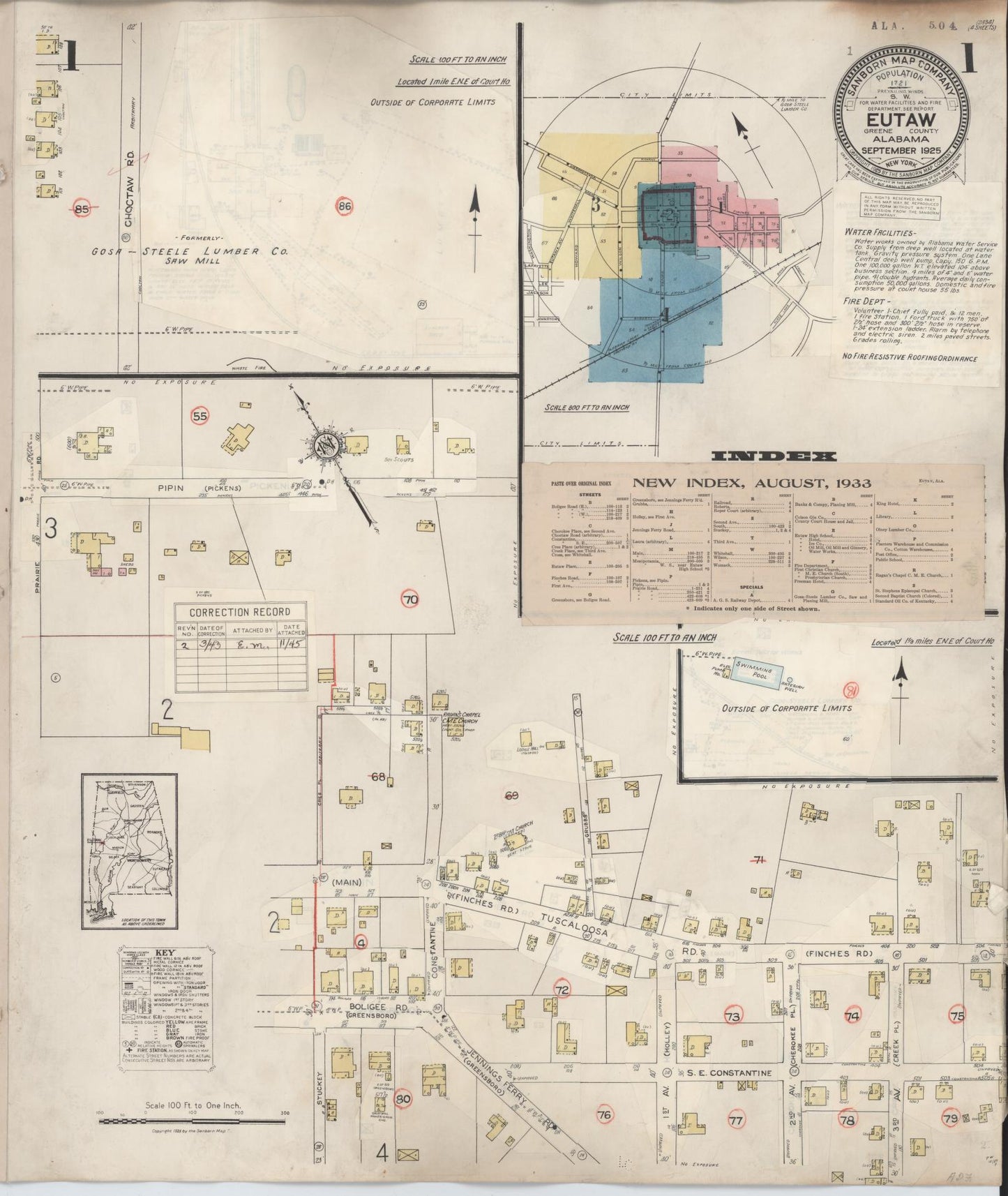 Sanborn Fire Insurance Map from Eutaw, Greene County, Alabama (1943), Sheet #0001 - Historic Sanborn Fire Insurance Map Print, vintage old map wall art, antique decor, genealogy gift, Alabama Alabama map