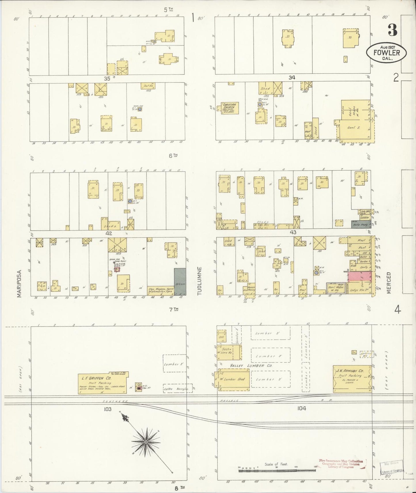 Sanborn Fire Insurance Map from Fowler, Fresno County, California (1907), Sheet #0003 - Historic Sanborn Fire Insurance Map Print, vintage old map wall art, antique decor, genealogy gift, California California map