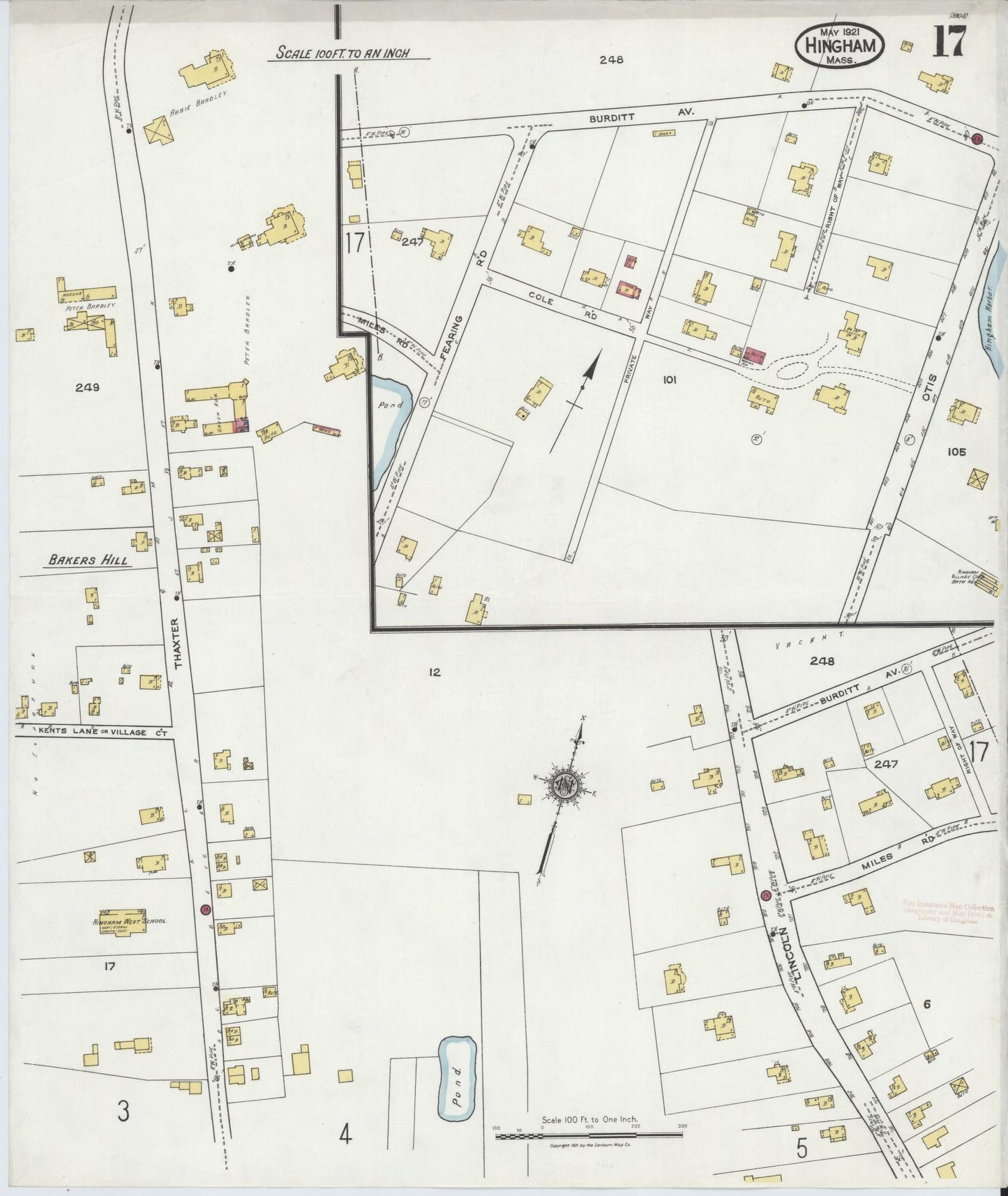 Sanborn Fire Insurance Map from Hingham, Plymouth County, Massachusetts (1921), Sheet #0017 - Complete Map Set gallery image, historic Sanborn map, vintage wall art, Massachusetts Massachusetts