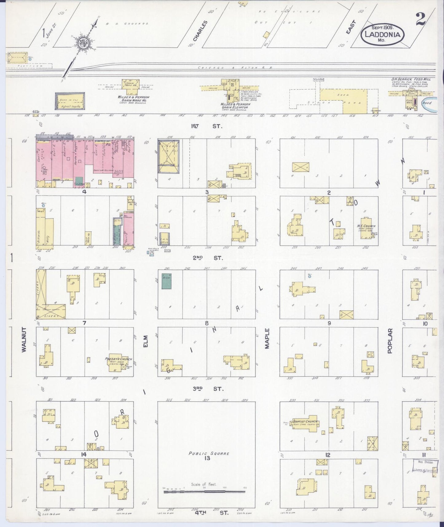 Sanborn Fire Insurance Map from Laddonia, Audrain County, Missouri (1909), Sheet #0002 - Complete Map Set gallery image, historic Sanborn map, vintage wall art, Missouri Missouri
