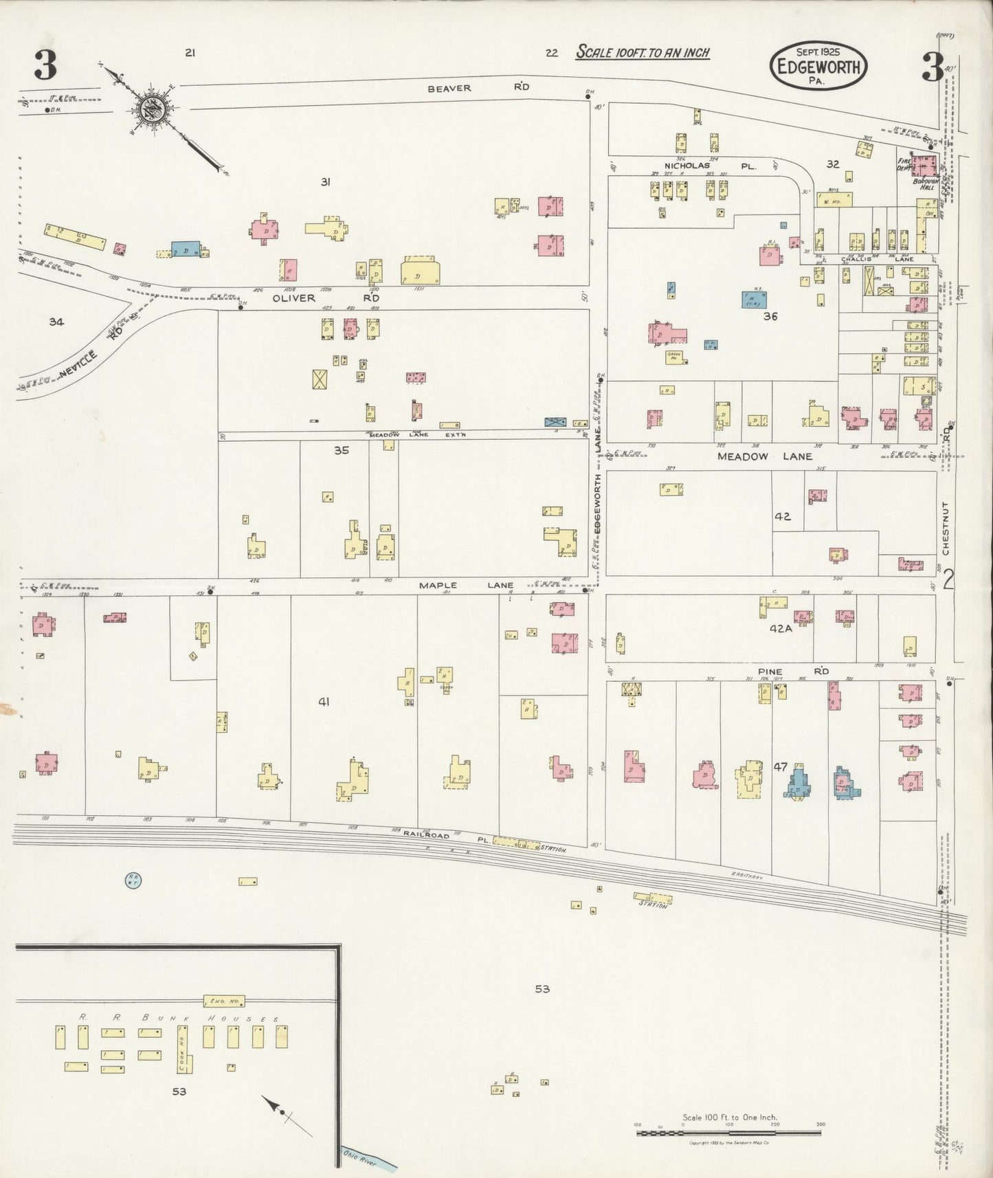 Sanborn Fire Insurance Map from Edgeworth, Allegheny County, Pennsylvania (1925), Sheet #0003 - Historic Sanborn Fire Insurance Map Print, vintage old map wall art, antique decor, genealogy gift, Pennsylvania Pennsylvania map