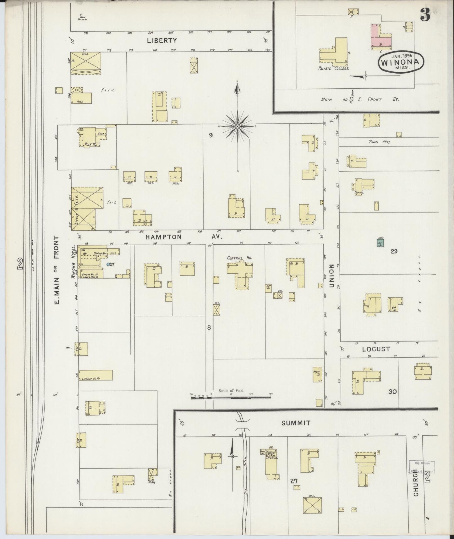 Sanborn Fire Insurance Map from Winona, Montgomery County, Mississippi (1895), Sheet #0003 - Complete Map Set gallery image, historic Sanborn map, vintage wall art, Mississippi Mississippi