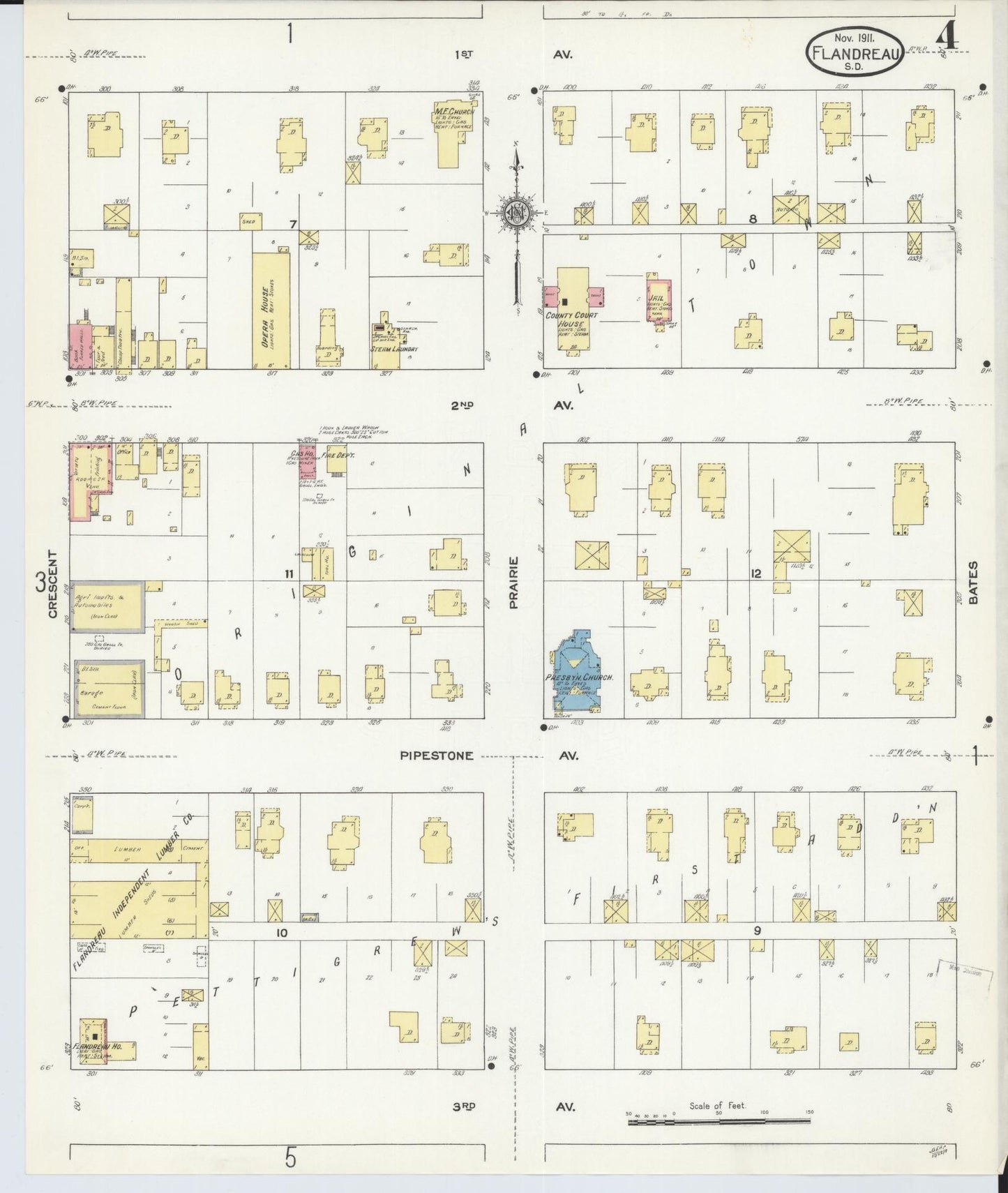 Sanborn Fire Insurance Map from Flandreau, Moody County, South Dakota (1911), Sheet #0004 - Historic Sanborn Fire Insurance Map Print, vintage old map wall art, antique decor, genealogy gift, South Dakota South Dakota map