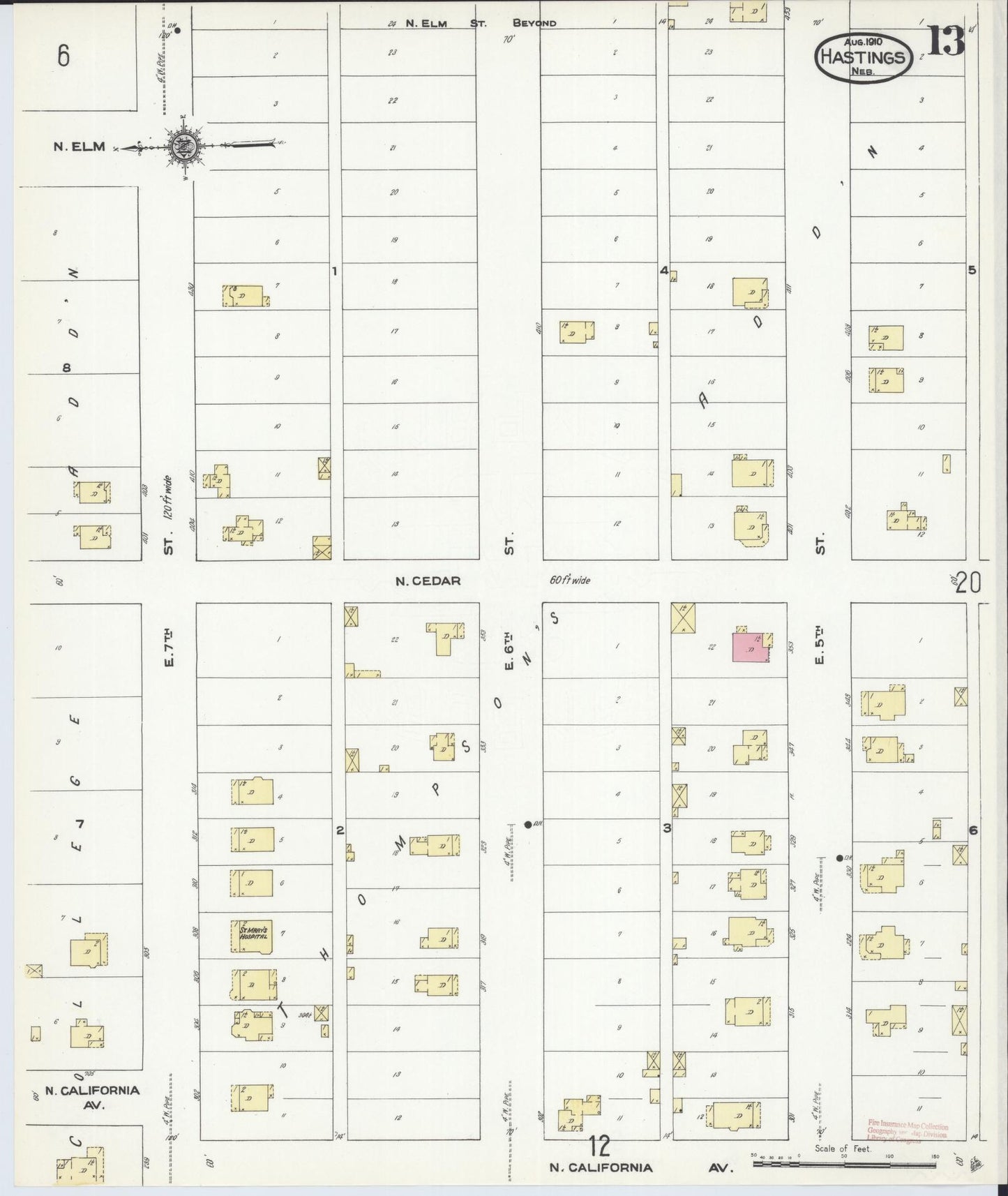 Sanborn Fire Insurance Map from Hastings, Adams County, Nebraska (1910), Sheet #0013 - Historic Sanborn Fire Insurance Map Print, vintage old map wall art, antique decor, genealogy gift, Nebraska Nebraska map