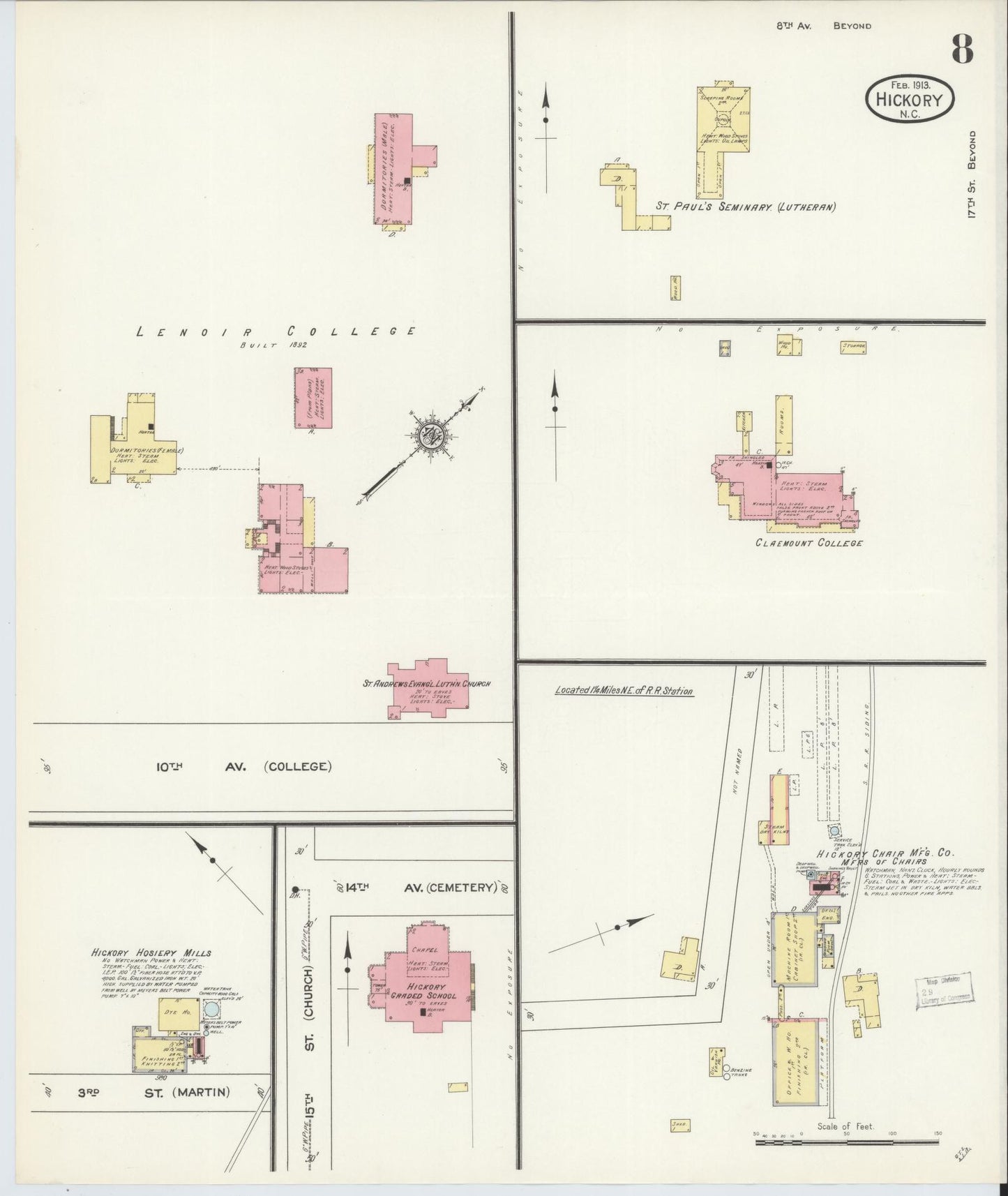 Sanborn Fire Insurance Map from Hickory, Catawba County, North Carolina (1913), Sheet #0008 - Historic Sanborn Fire Insurance Map Print, vintage old map wall art, antique decor, genealogy gift, North Carolina North Carolina map
