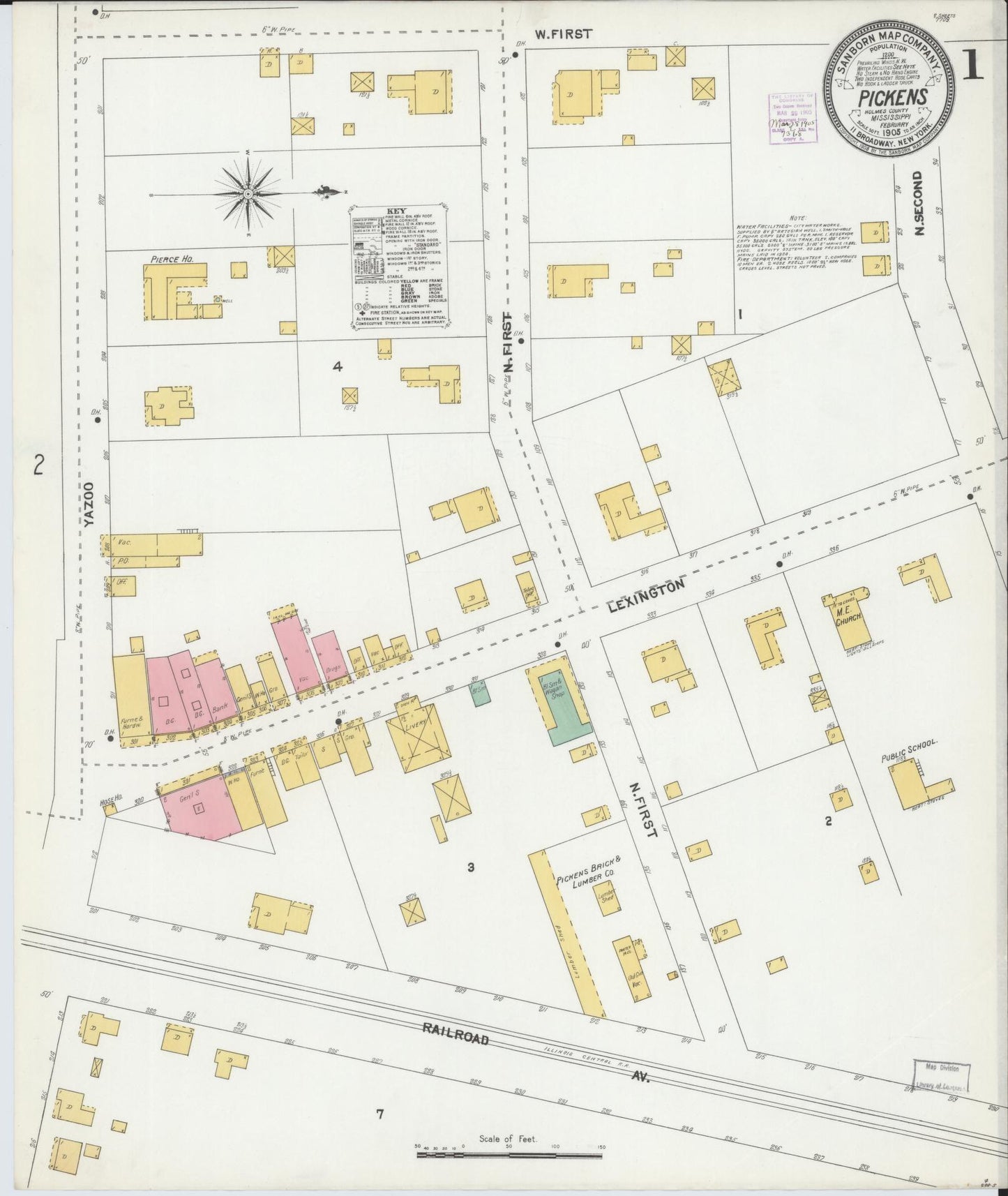 Sanborn Fire Insurance Map from Pickens, Holmes County, Mississippi (1905), Sheet #0001 - Historic Sanborn Fire Insurance Map Print, vintage old map wall art, antique decor, genealogy gift, Mississippi Mississippi map
