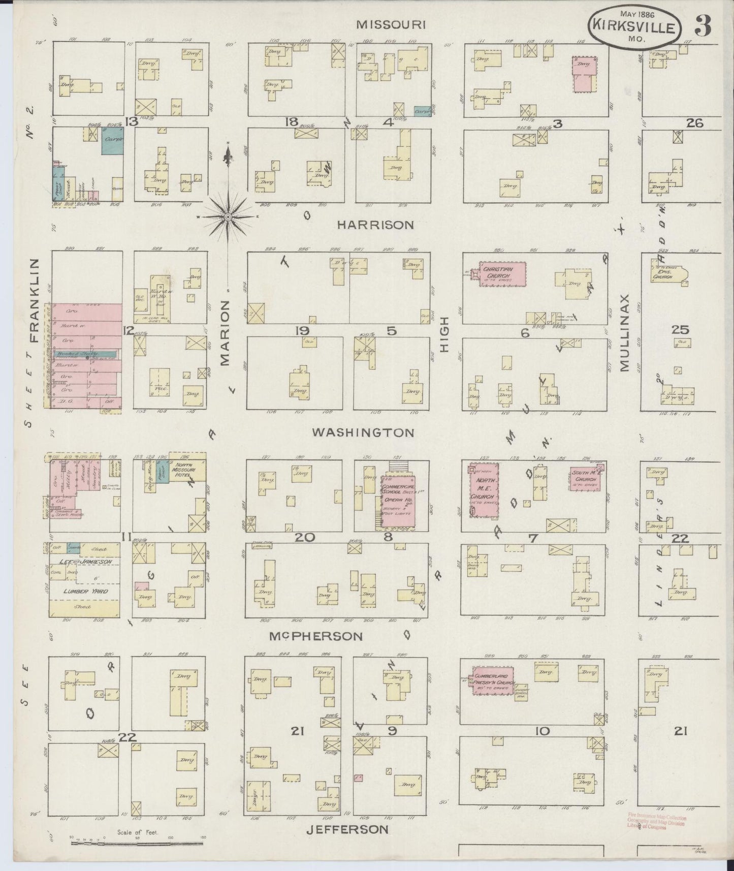 Sanborn Fire Insurance Map from Kirksville, Adair County, Missouri (1886), Sheet #0003 - Historic Sanborn Fire Insurance Map Print, vintage old map wall art, antique decor, genealogy gift, Missouri Missouri map