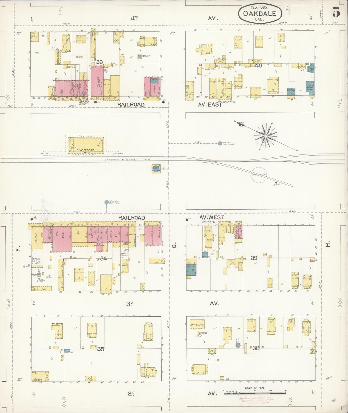 Sanborn Fire Insurance Map from Oakdale, Stanislaus County, California (1895), Sheet #0005 - Historic Sanborn Fire Insurance Map Print, vintage old map wall art, antique decor, genealogy gift, California California map