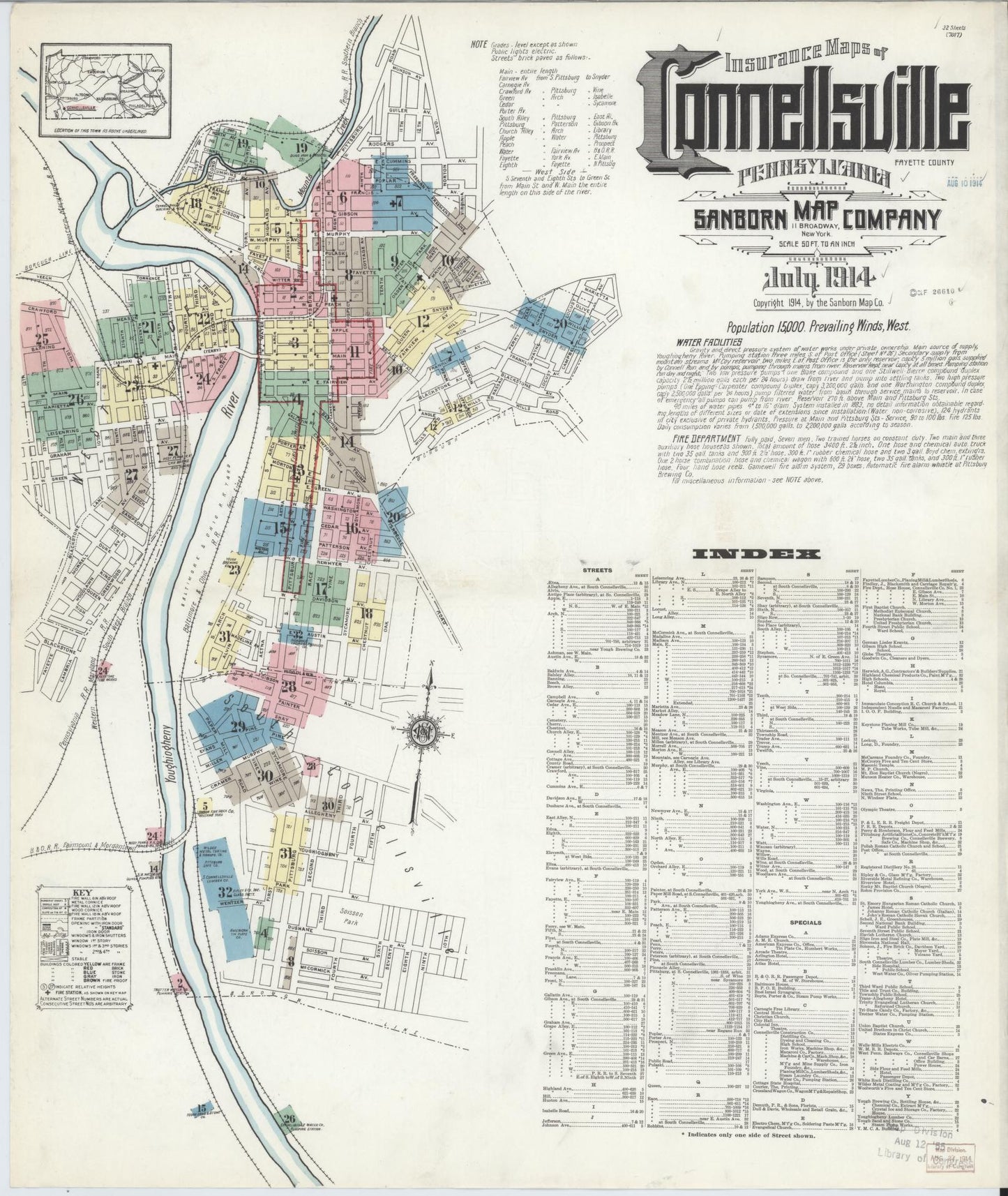 Sanborn Fire Insurance Map from Connellsville, Fayette County, Pennsylvania (1914), Sheet #0001 - Historic Sanborn Fire Insurance Map Print, vintage old map wall art, antique decor, genealogy gift, Pennsylvania Pennsylvania map