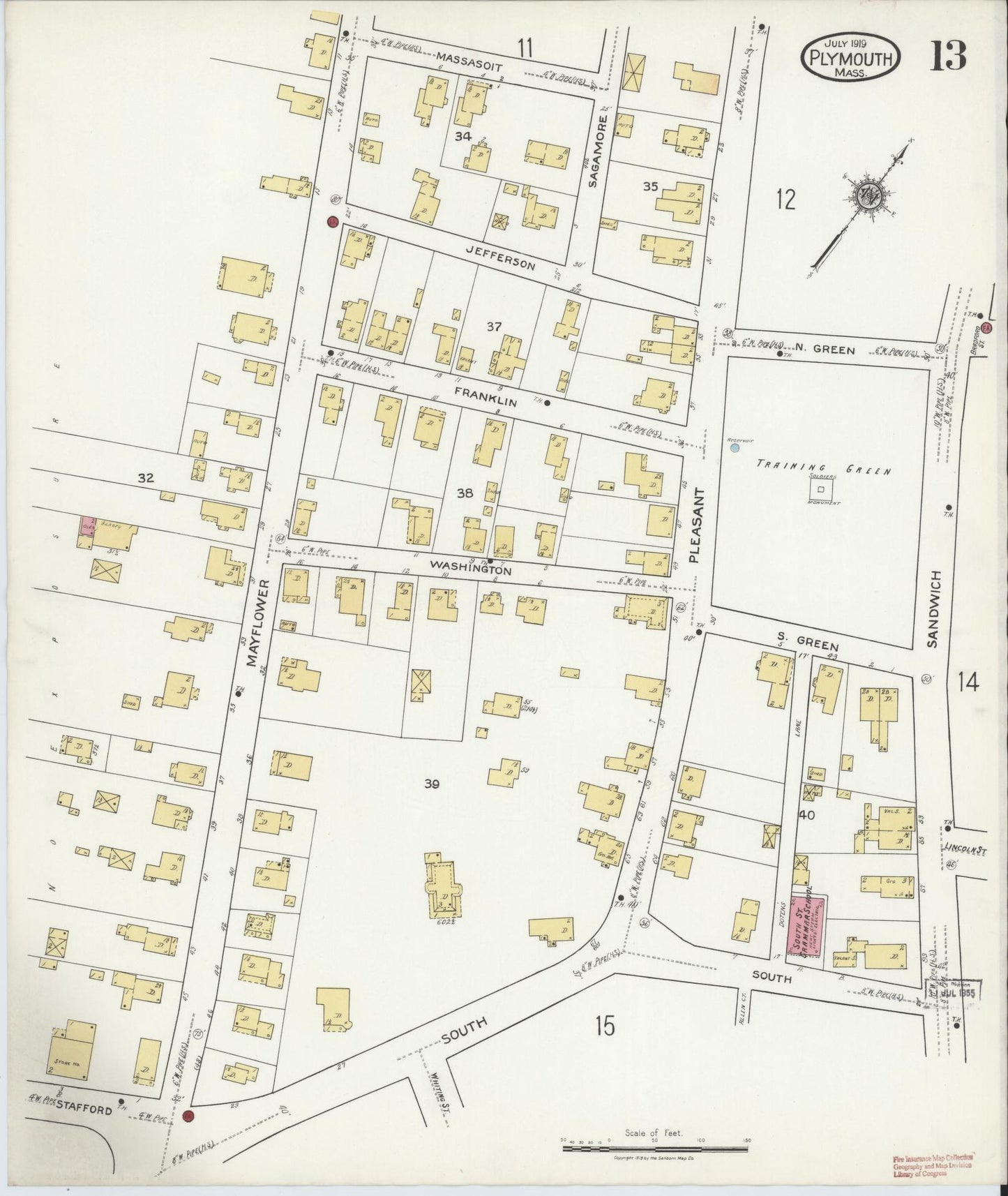 Sanborn Fire Insurance Map from Plymouth, Plymouth County, Massachusetts (1919), Sheet #0013 - Historic Sanborn Fire Insurance Map Print, vintage old map wall art, antique decor, genealogy gift, Massachusetts Massachusetts map