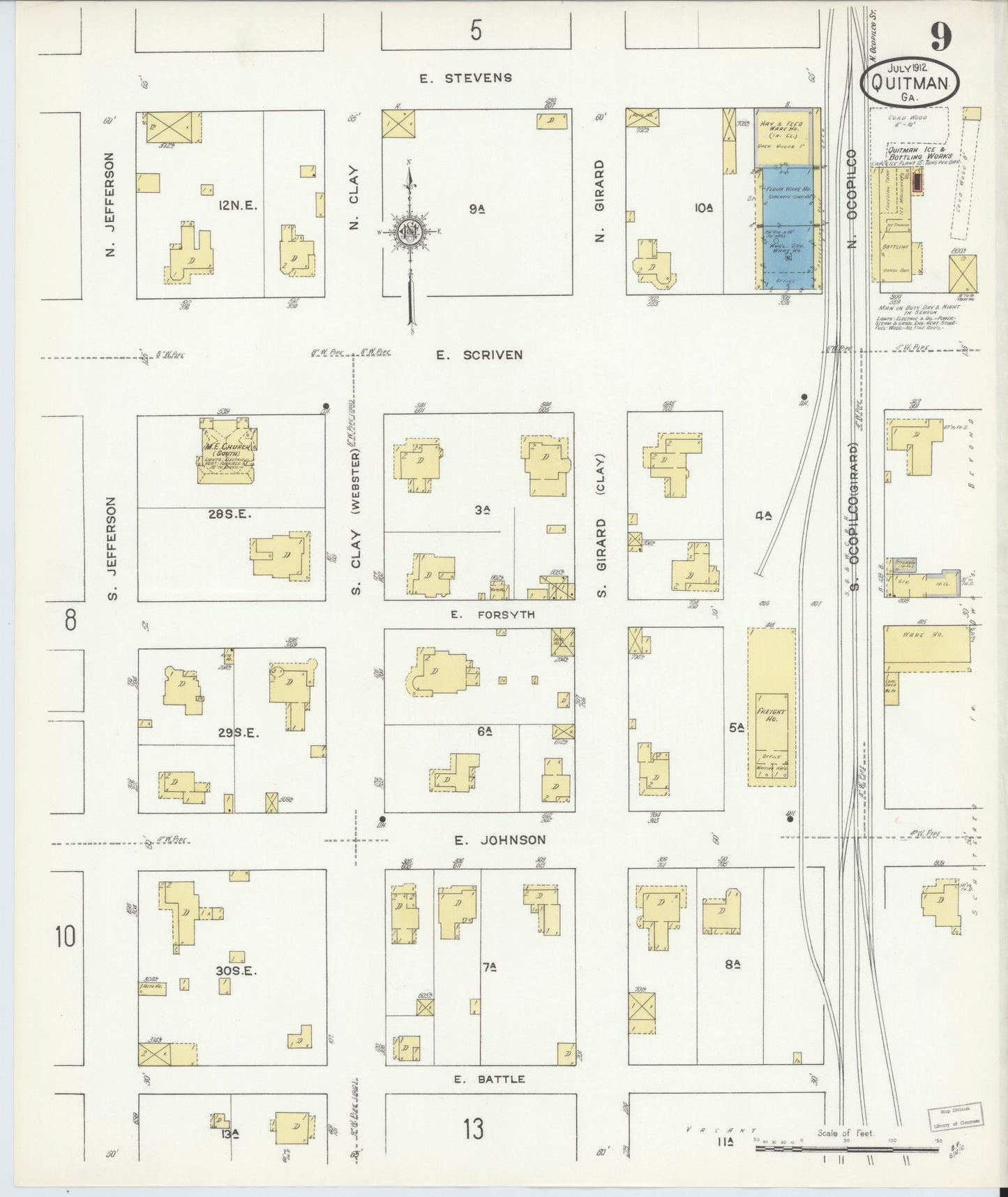 Sanborn Fire Insurance Map from Quitman, Brooks County, Georgia (1912), Sheet #0009 - Historic Sanborn Fire Insurance Map Print, vintage old map wall art, antique decor, genealogy gift, Georgia Georgia map