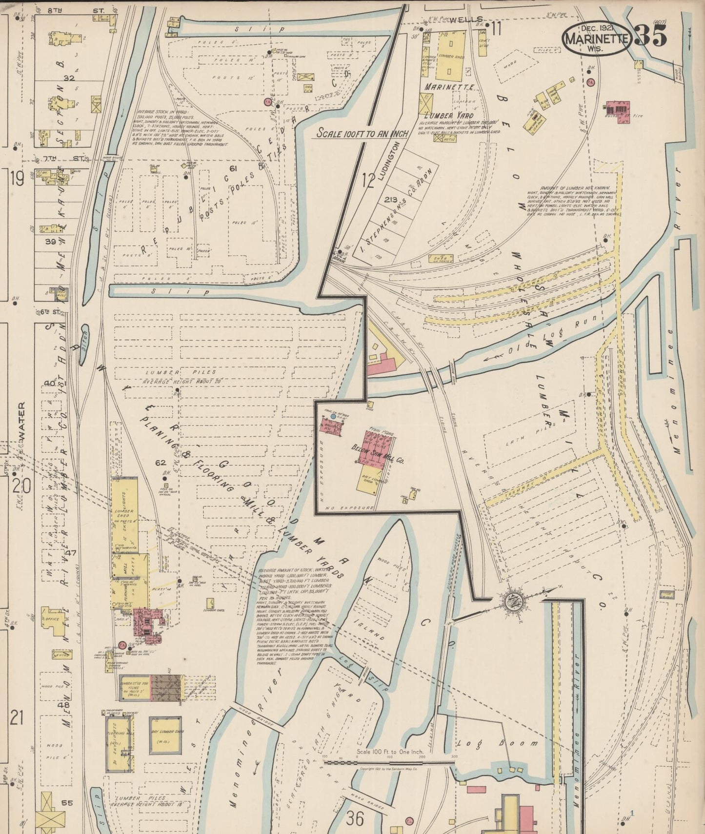 Sanborn Fire Insurance Map from Marinette, Marinette County, Wisconsin (1921), Sheet #0035 - Historic Sanborn Fire Insurance Map Print, vintage old map wall art, antique decor, genealogy gift, Wisconsin Wisconsin map