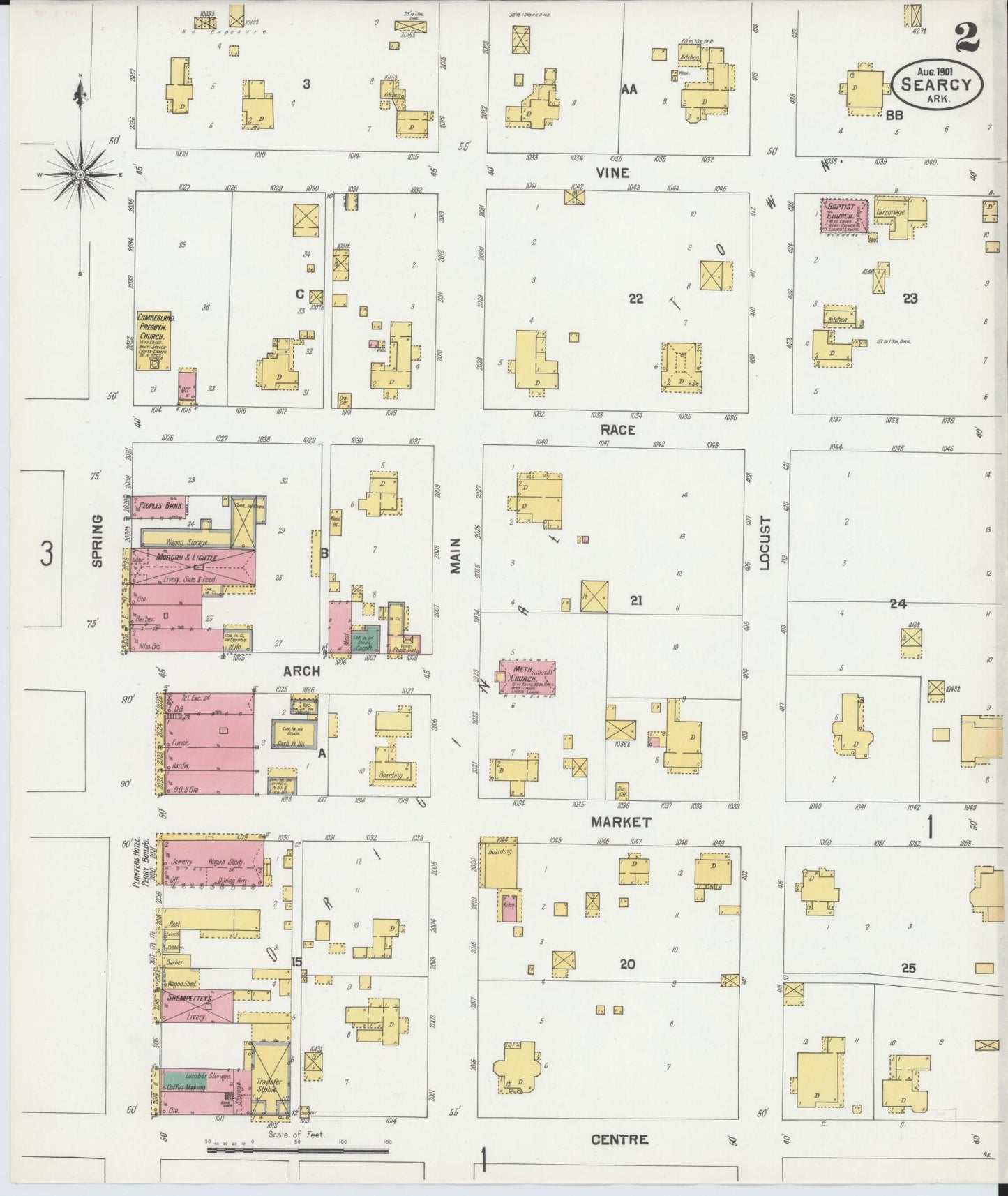 Sanborn Fire Insurance Map from Searcy, White County, Arkansas (1901), Sheet #0002 - Historic Sanborn Fire Insurance Map Print, vintage old map wall art, antique decor, genealogy gift, Arkansas Arkansas map