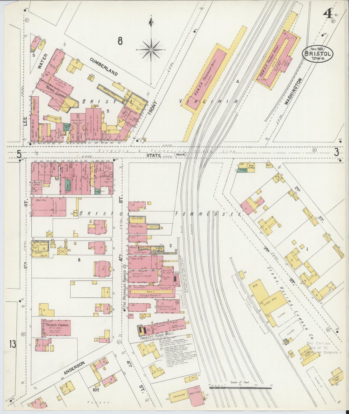 Sanborn Fire Insurance Map from Bristol, Sullivan County, Tennessee (1902), Sheet #0004 - Historic Sanborn Fire Insurance Map Print, vintage old map wall art, antique decor, genealogy gift, Tennessee Tennessee map