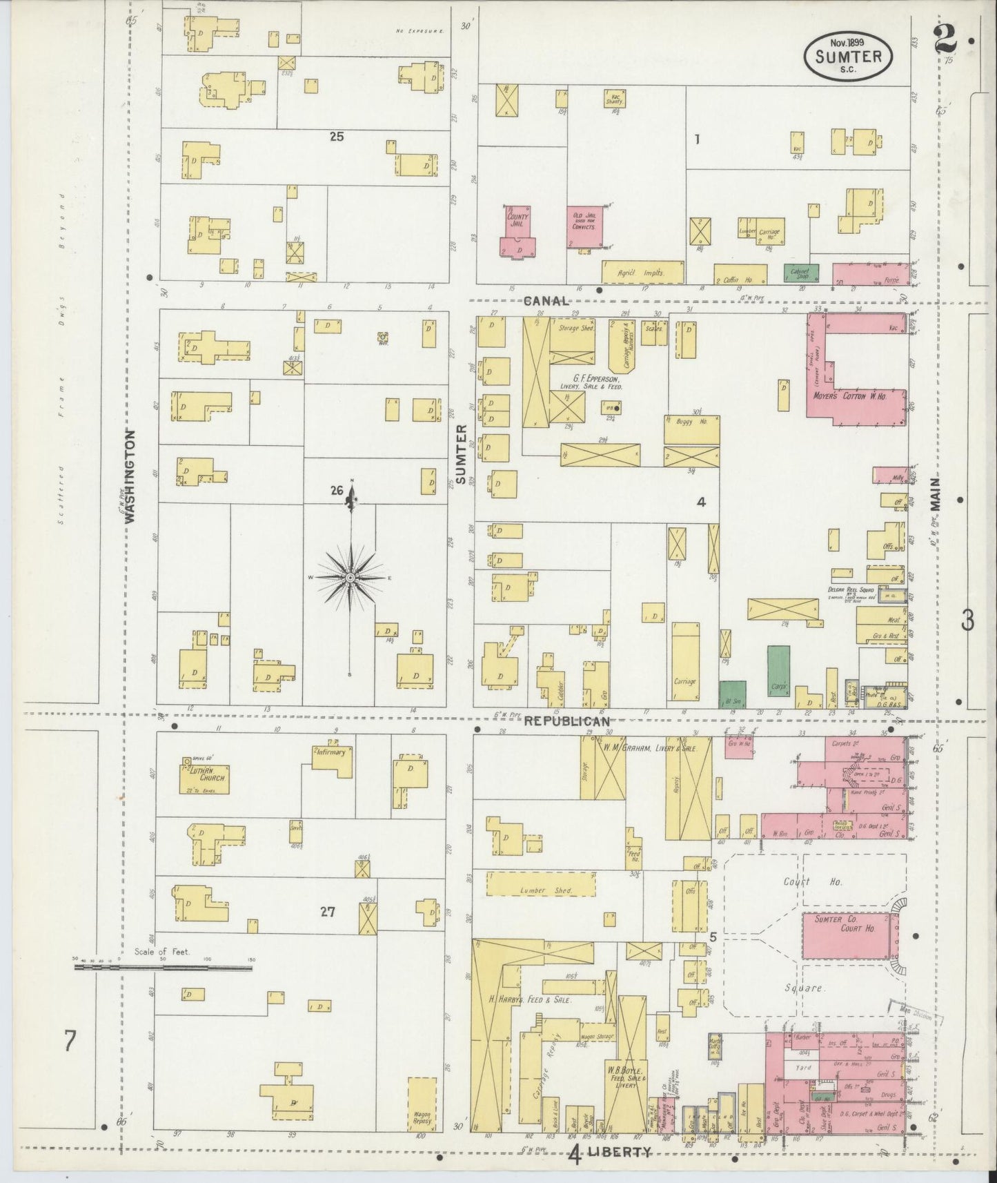 Sanborn Fire Insurance Map from Sumter, Sumter County, South Carolina (1899), Sheet #0002 - Historic Sanborn Fire Insurance Map Print, vintage old map wall art, antique decor, genealogy gift, South Carolina South Carolina map