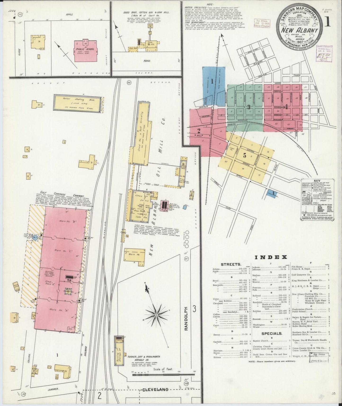 Sanborn Fire Insurance Map from New Albany, Union County, Mississippi (1907), Sheet #0001 - Historic Sanborn Fire Insurance Map Print, vintage old map wall art, antique decor, genealogy gift, Mississippi Mississippi map