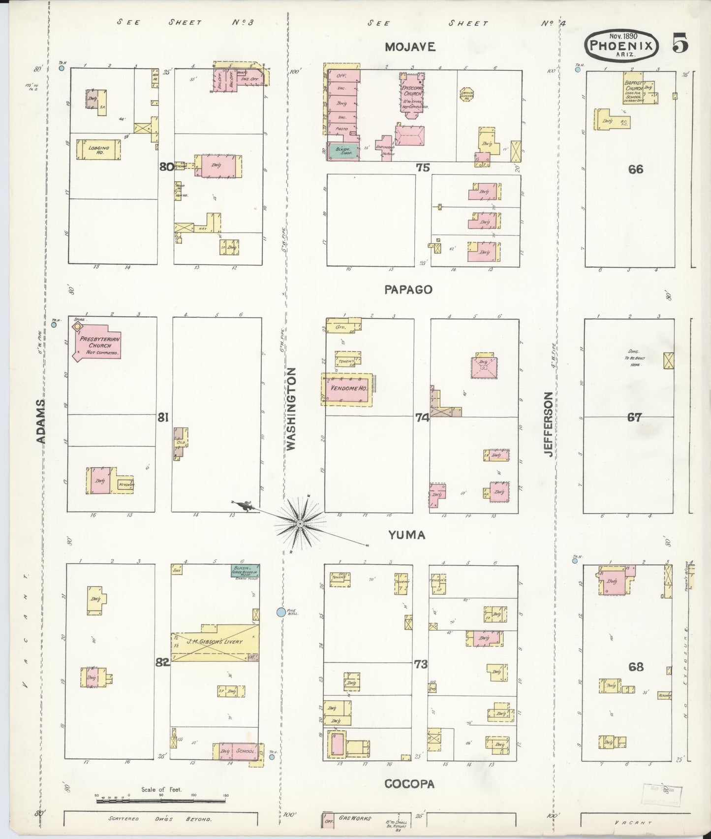 Sanborn Fire Insurance Map from Phoenix, Maricopa County, Arizona (1890), Sheet #0005 - Complete Map Set gallery image, historic Sanborn map, vintage wall art, Arizona Arizona