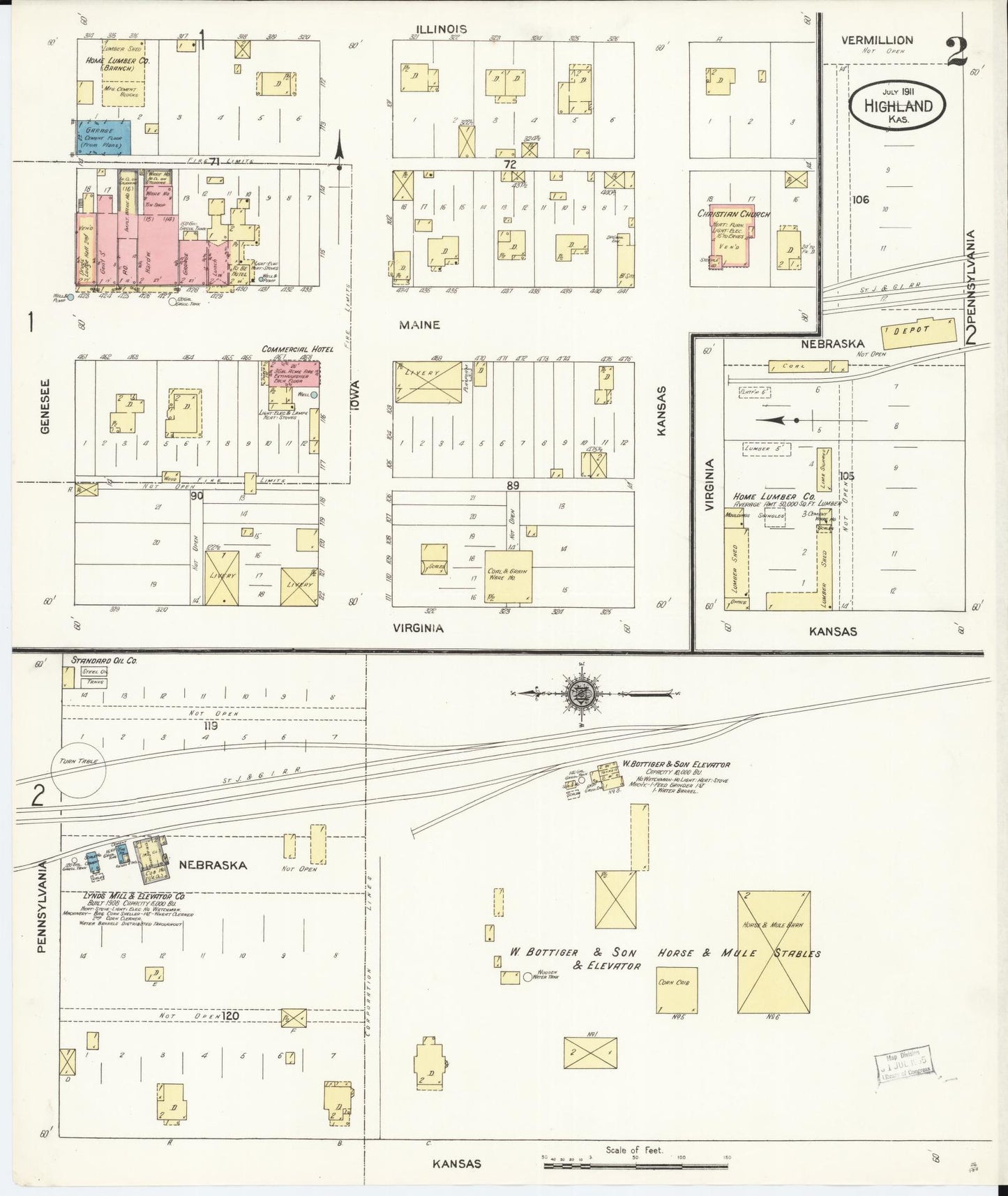 Sanborn Fire Insurance Map from Highland, Doniphan County, Kansas (1911), Sheet #0002 - Historic Sanborn Fire Insurance Map Print, vintage old map wall art, antique decor, genealogy gift, Kansas Kansas map