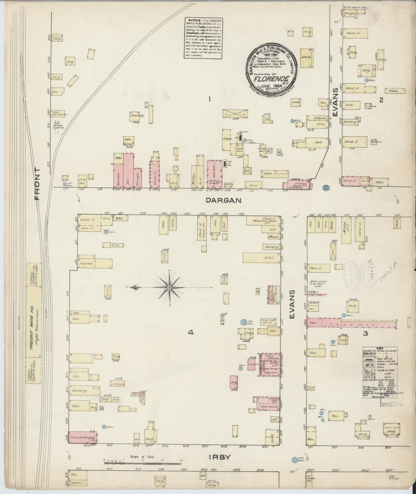Sanborn Fire Insurance Map from Florence, Florence County, South Carolina (1884), Sheet #0001 - Historic Sanborn Fire Insurance Map Print, vintage old map wall art, antique decor, genealogy gift, South Carolina South Carolina map