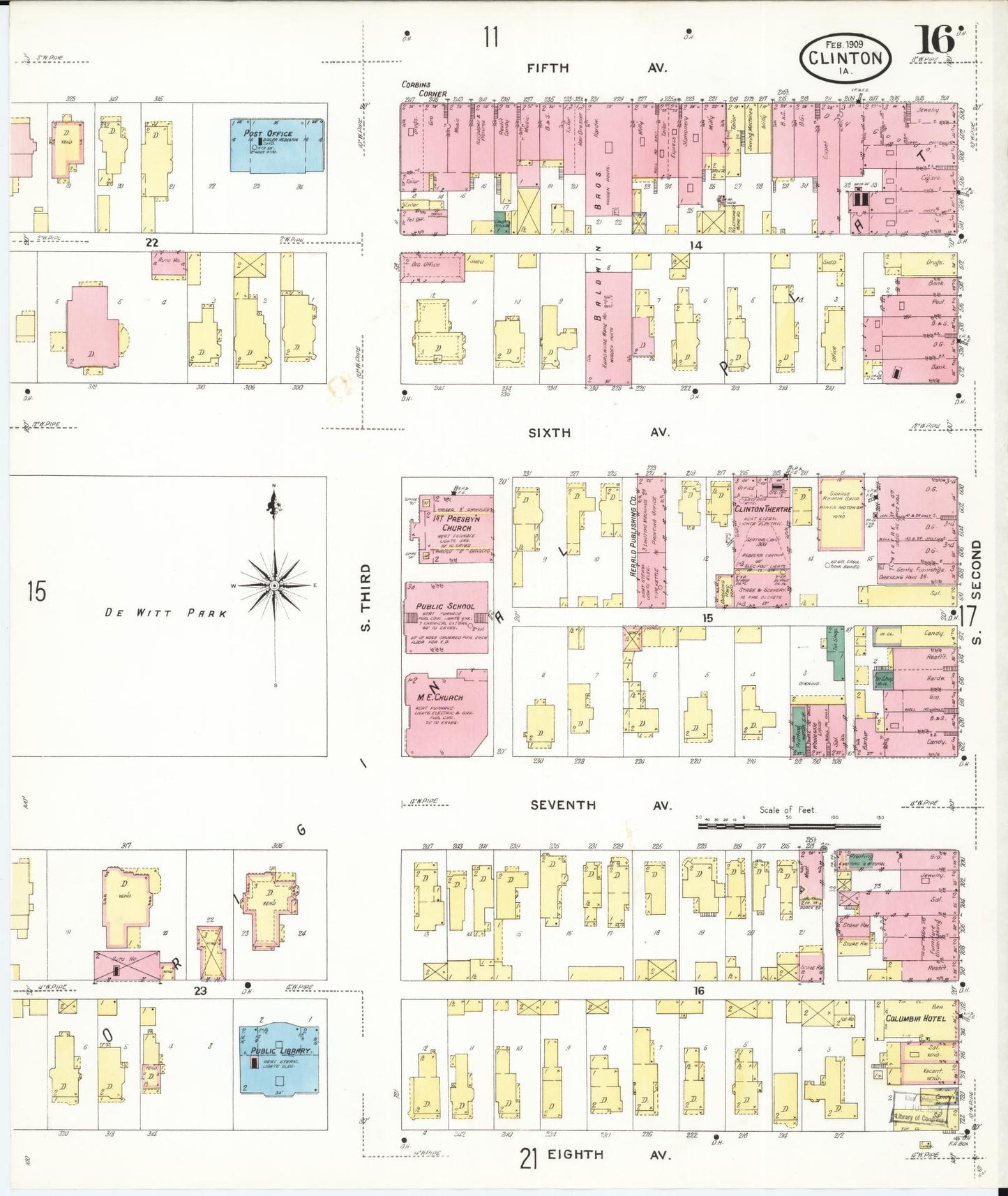 Sanborn Fire Insurance Map from Clinton, Clinton County, Iowa (1909), Sheet #0016 - Historic Sanborn Fire Insurance Map Print, vintage old map wall art