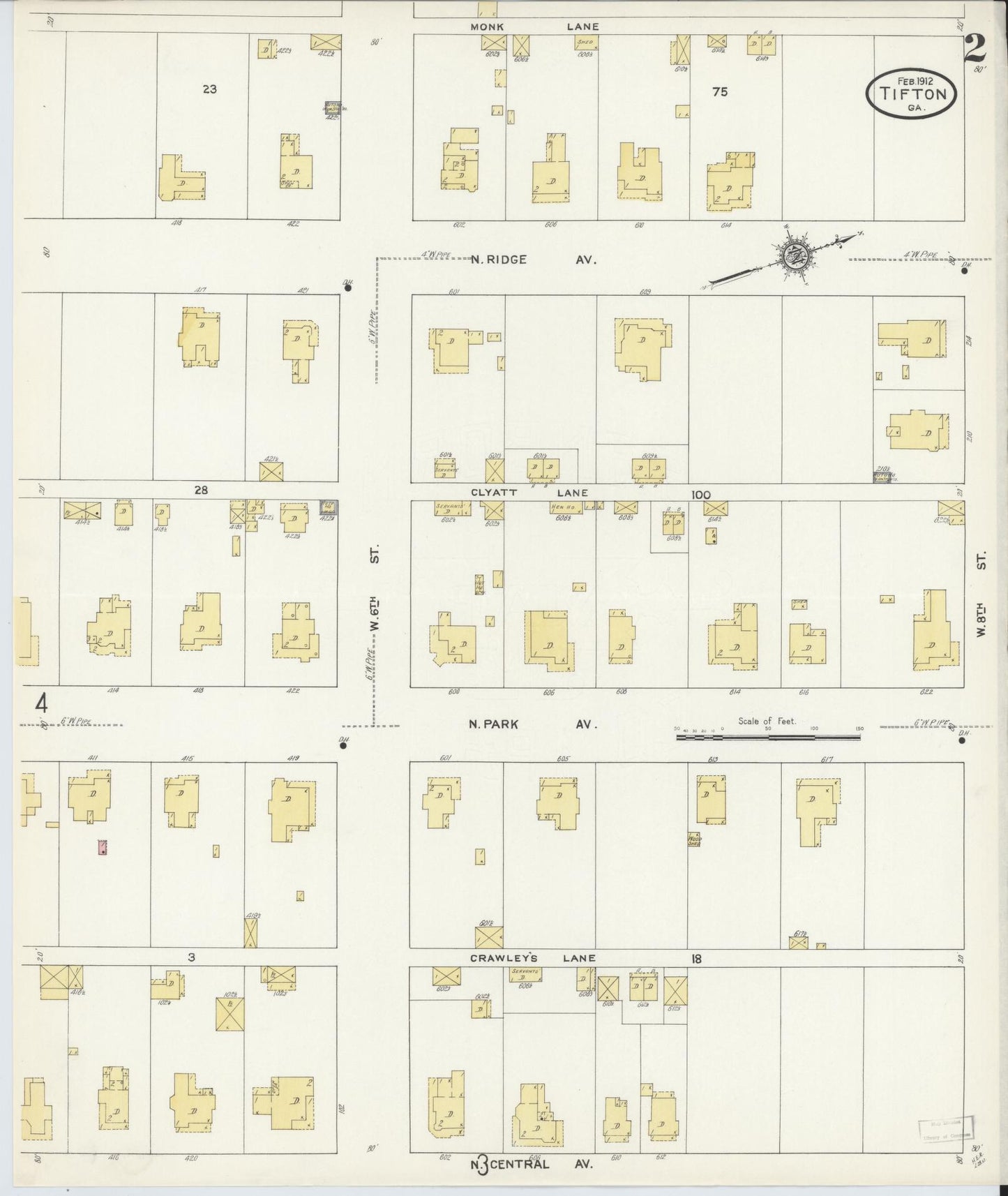 Sanborn Fire Insurance Map from Tifton, Tift County, Georgia (1912), Sheet #0002 - Historic Sanborn Fire Insurance Map Print, vintage old map wall art, antique decor, genealogy gift, Georgia Georgia map