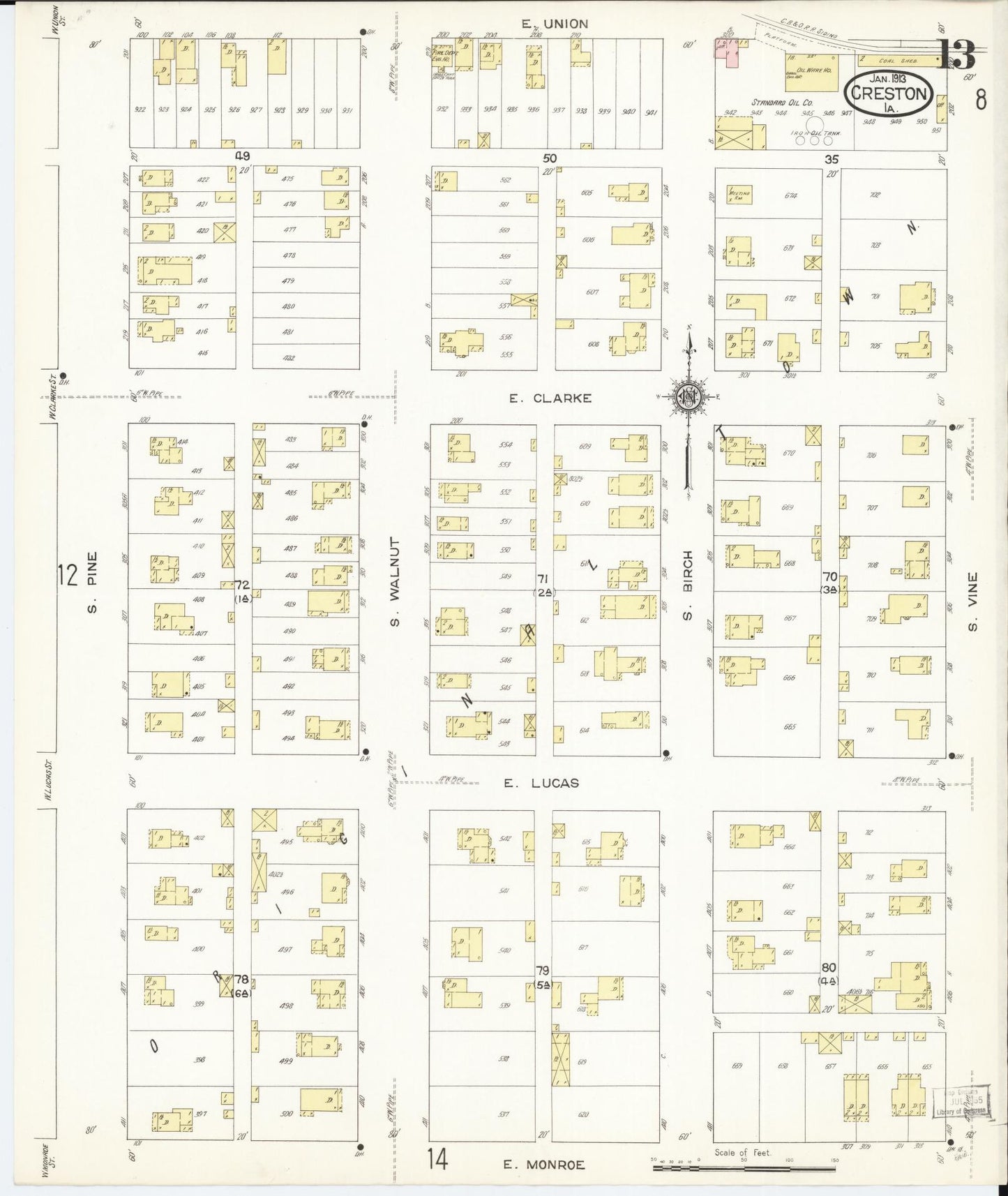Sanborn Fire Insurance Map from Creston, Union County, Iowa (1913), Sheet #0013 - Historic Sanborn Fire Insurance Map Print, vintage old map wall art