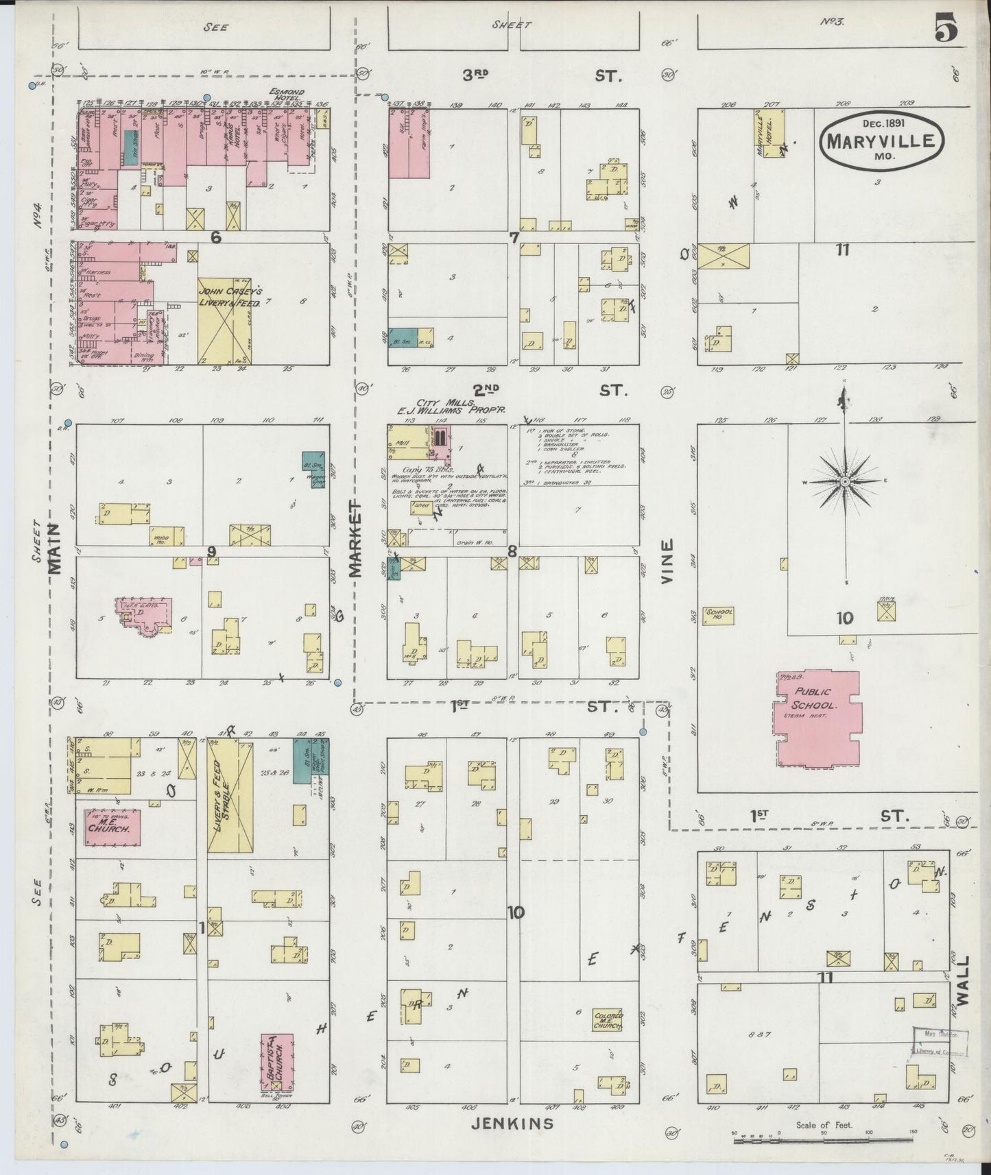 Sanborn Fire Insurance Map from Maryville, Nodaway County, Missouri (1891), Sheet #0005 - Historic Sanborn Fire Insurance Map Print, vintage old map wall art, antique decor, genealogy gift, Missouri Missouri map