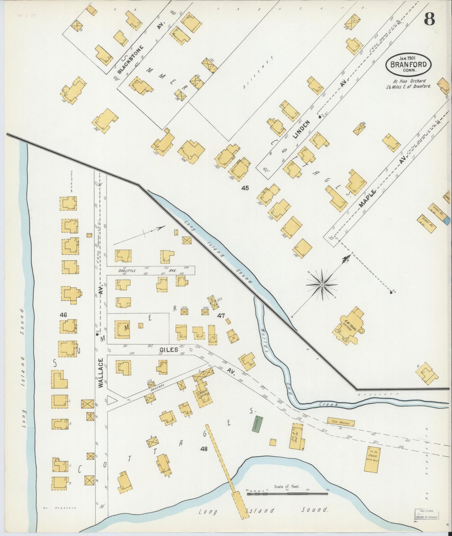 Sanborn Fire Insurance Map from Branford, New Haven County, Connecticut (1901), Sheet #0008 - Complete Map Set gallery image, historic Sanborn map, vintage wall art, Connecticut Connecticut