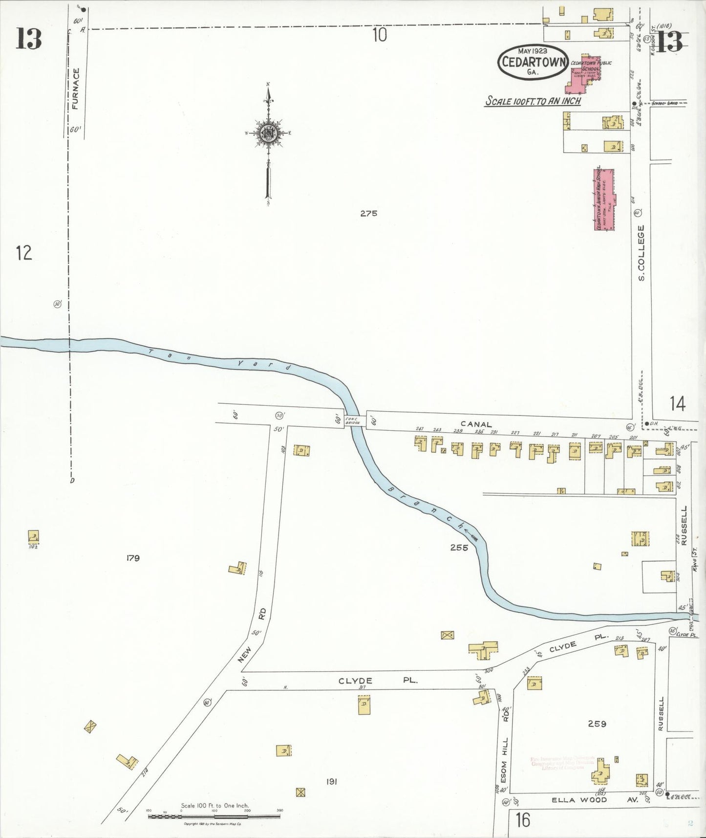 Sanborn Fire Insurance Map from Cedartown, Polk County, Georgia (1923), Sheet #0013 - Historic Sanborn Fire Insurance Map Print, vintage old map wall art, antique decor, genealogy gift, Georgia Georgia map