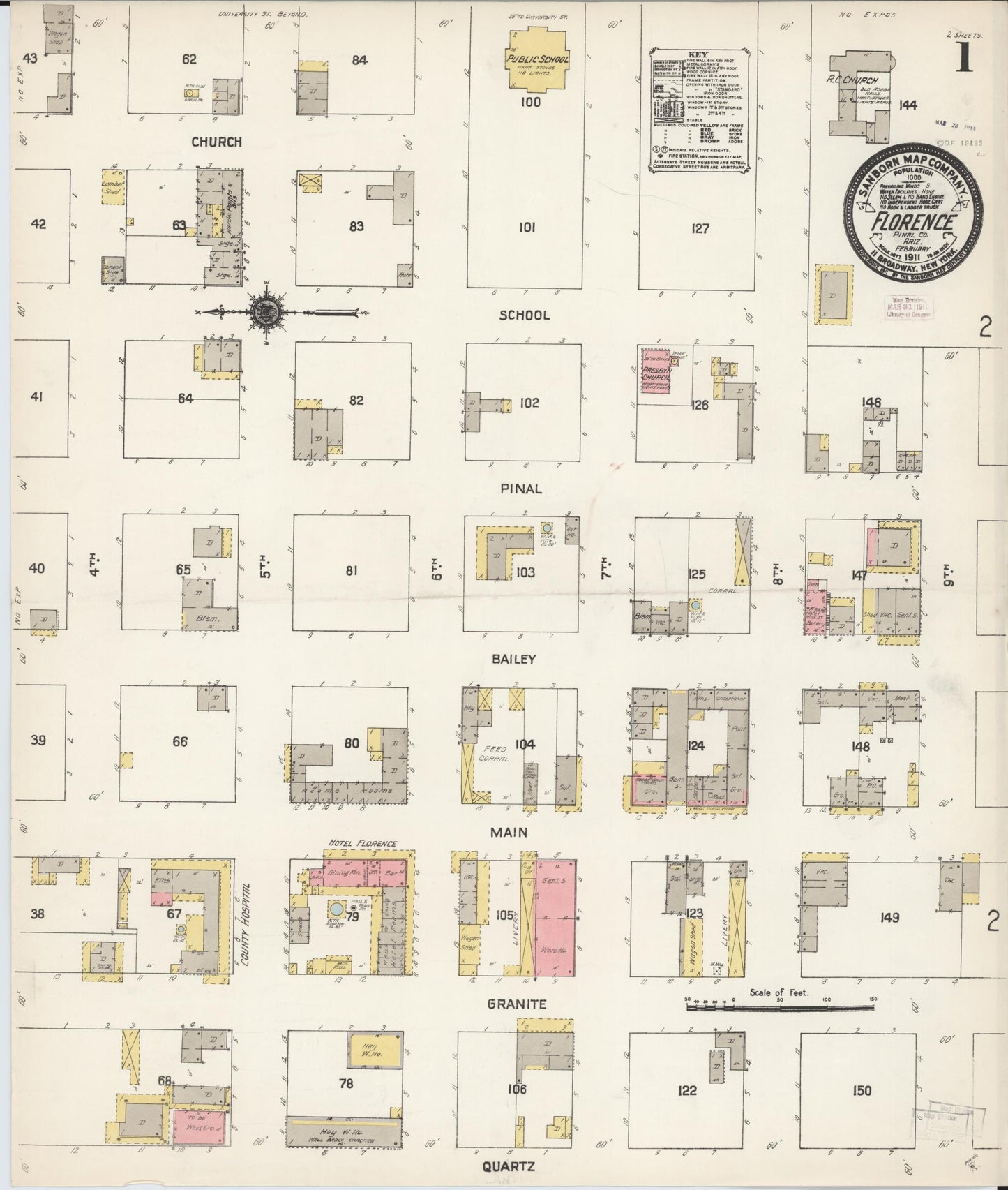 Sanborn Fire Insurance Map from Florence, Pinal County, Arizona (1911), Sheet #0001 - Historic Sanborn Fire Insurance Map Print, vintage old map wall art, antique decor, genealogy gift, Arizona Arizona map
