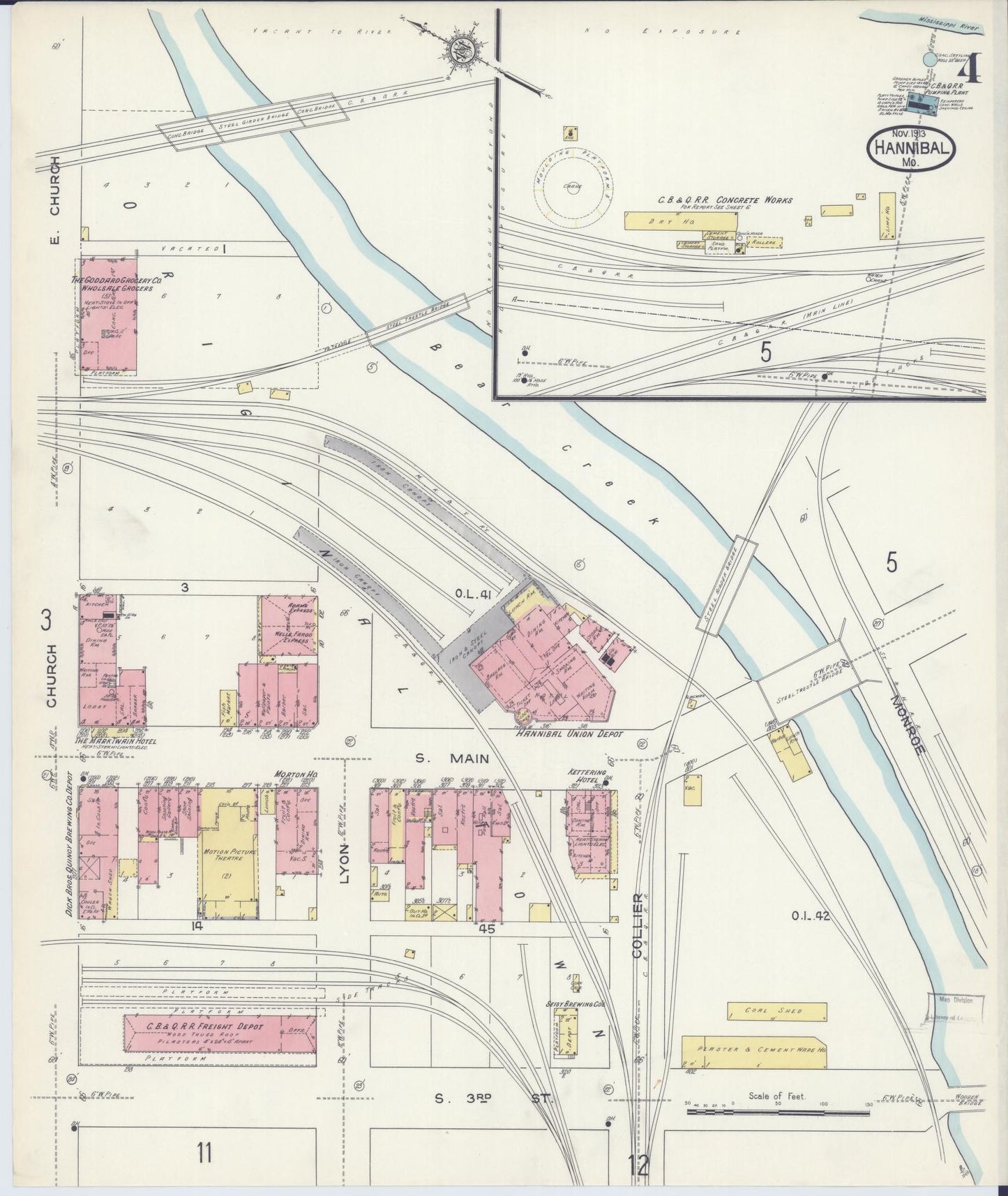 Sanborn Fire Insurance Map from Hannibal, Marion County, Missouri (1913), Sheet #0004 - Historic Sanborn Fire Insurance Map Print, vintage old map wall art, antique decor, genealogy gift, Missouri Missouri map