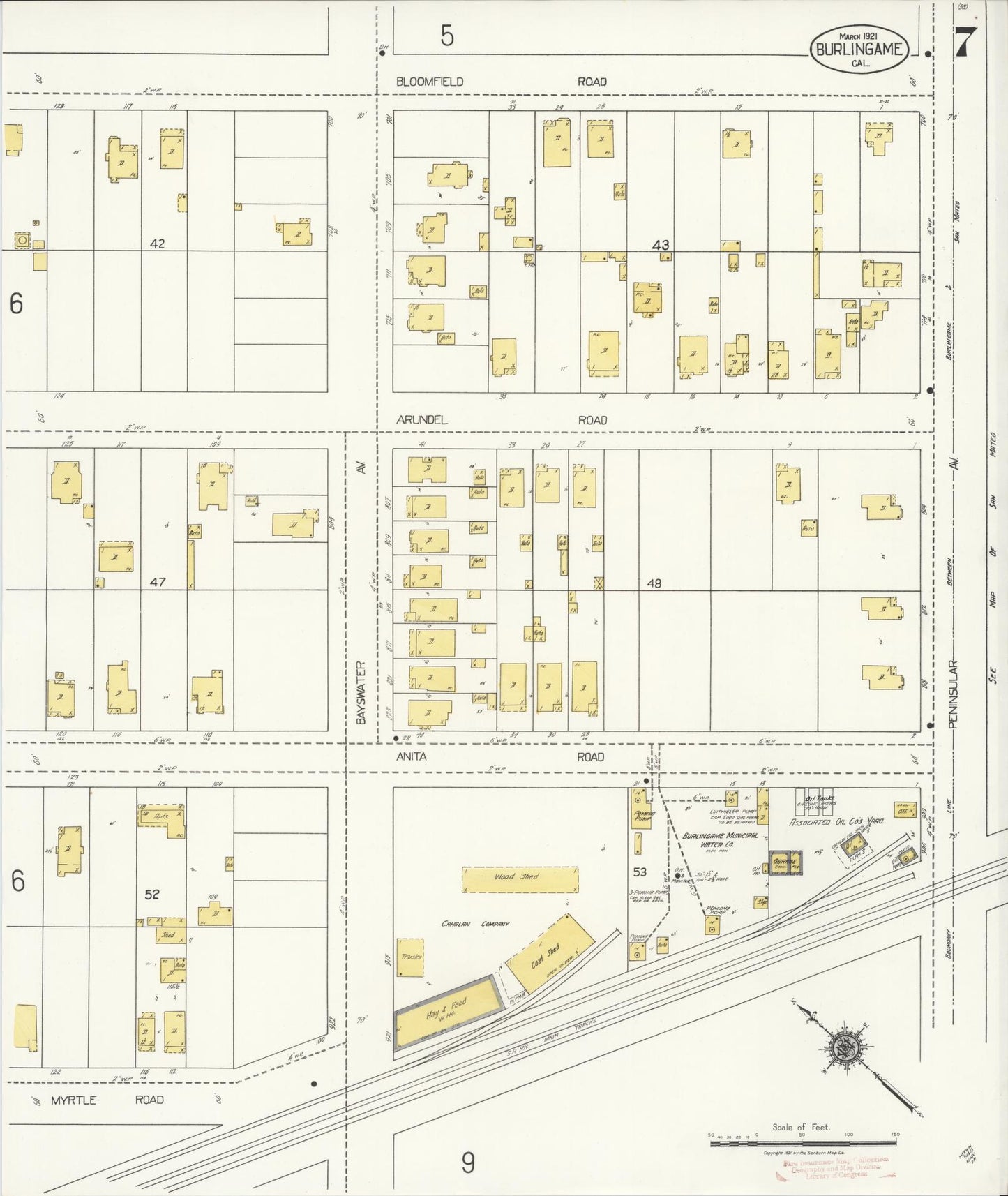 Sanborn Fire Insurance Map from Burlingame, San Mateo County, California (1921), Sheet #0007 - Historic Sanborn Fire Insurance Map Print, vintage old map wall art, antique decor, genealogy gift, California California map