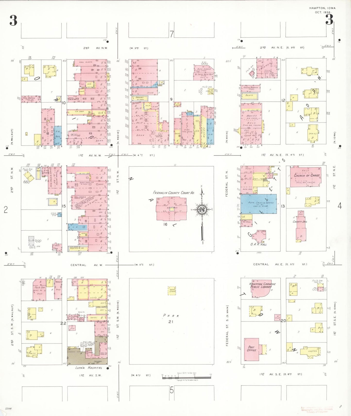 Sanborn Fire Insurance Map from Hampton, Franklin County, Iowa (1938), Sheet #0003 - Historic Sanborn Fire Insurance Map Print, vintage old map wall art
