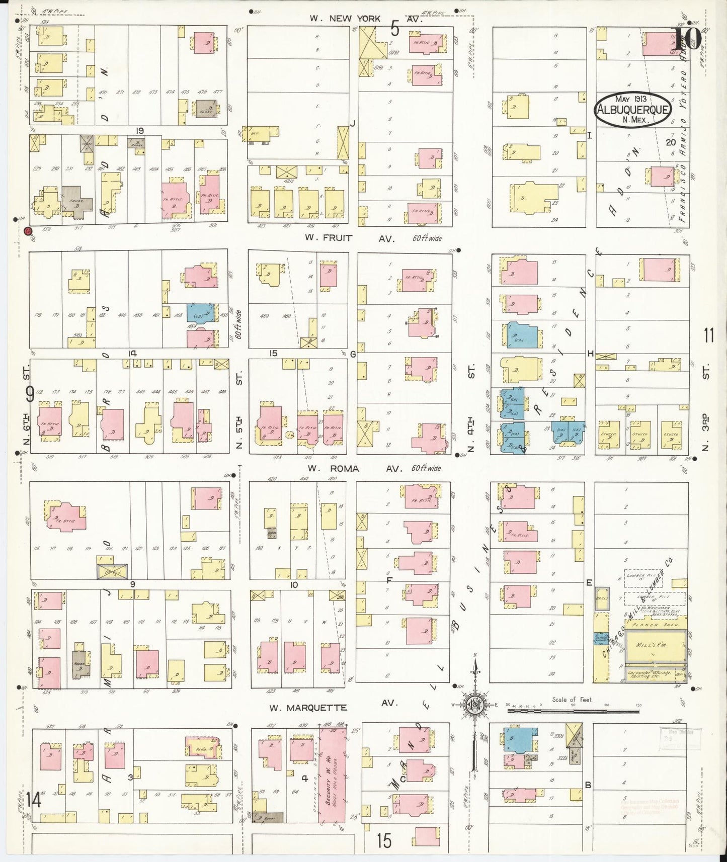 Sanborn Fire Insurance Map from Albuquerque, Bernalillo County, New Mexico (1913), Sheet #0010 - Historic Sanborn Fire Insurance Map Print, vintage old map wall art, antique decor, genealogy gift, New Mexico New Mexico map