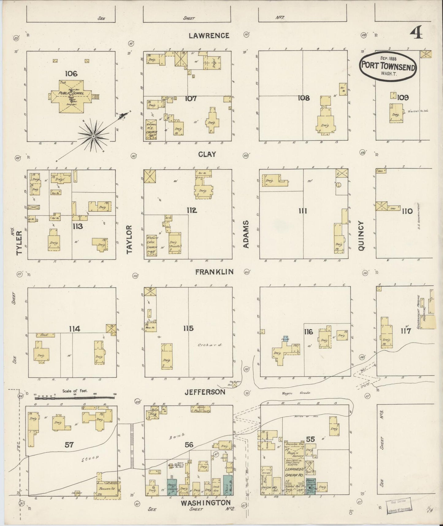 Sanborn Fire Insurance Map from Port Townsend, Jefferson County, Washington (1888), Sheet #0004 - Historic Sanborn Fire Insurance Map Print, vintage old map wall art, antique decor, genealogy gift, Washington Washington map