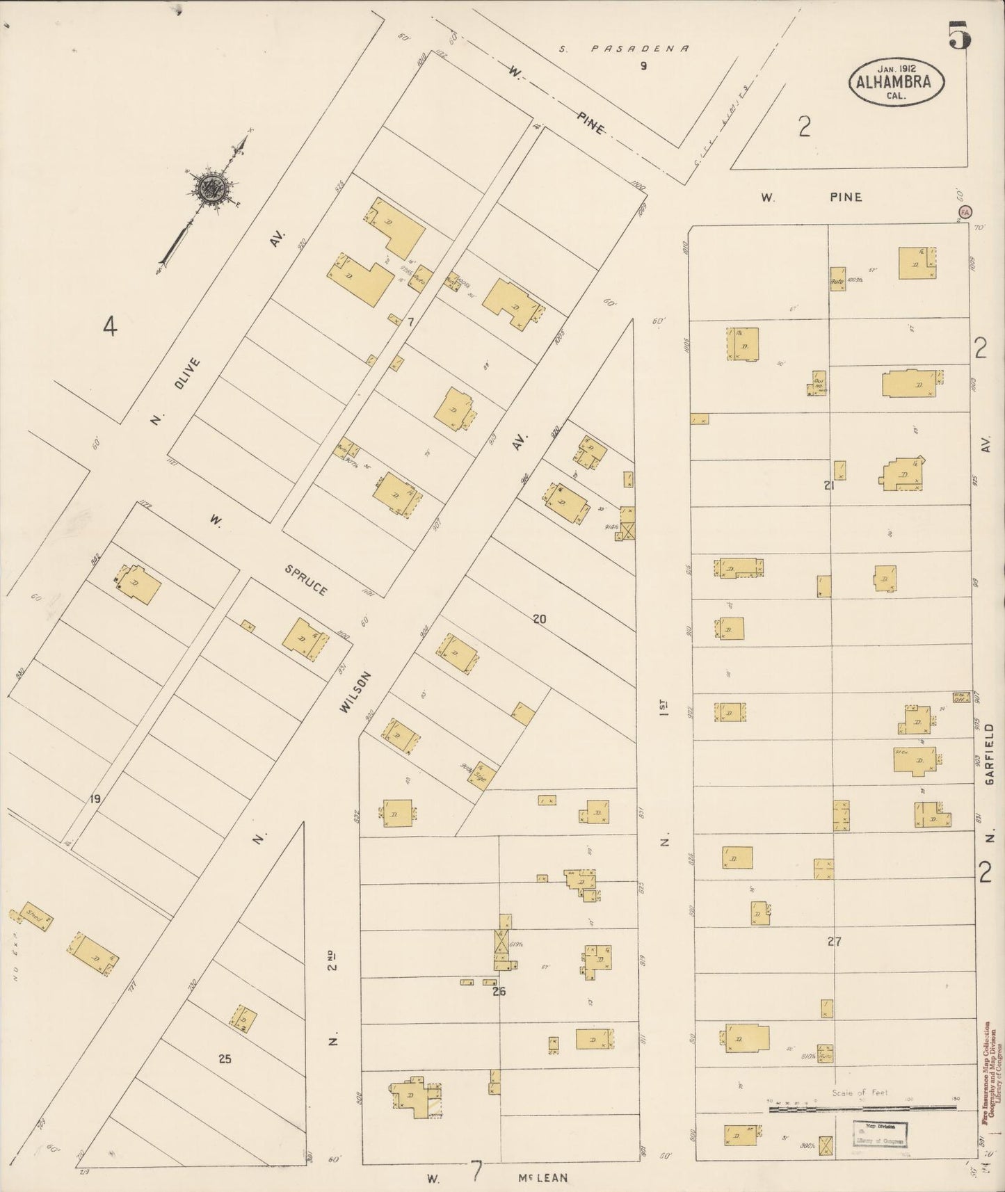 Sanborn Fire Insurance Map from Alhambra, Los Angeles County, California (1912), Sheet #0005 - Historic Sanborn Fire Insurance Map Print, vintage old map wall art, antique decor, genealogy gift, California California map