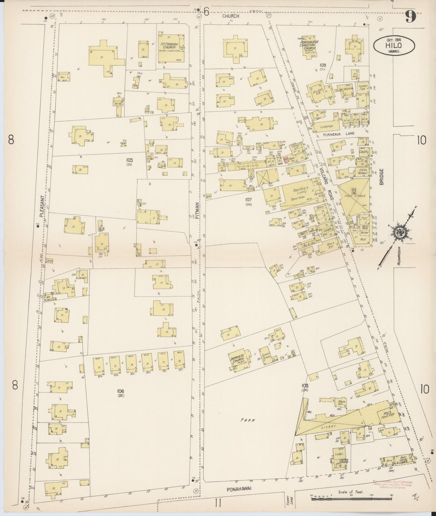 Sanborn Fire Insurance Map from Hilo, Hawaii County, Hawaii (1914), Sheet #0009 - Historic Sanborn Fire Insurance Map Print, vintage old map wall art