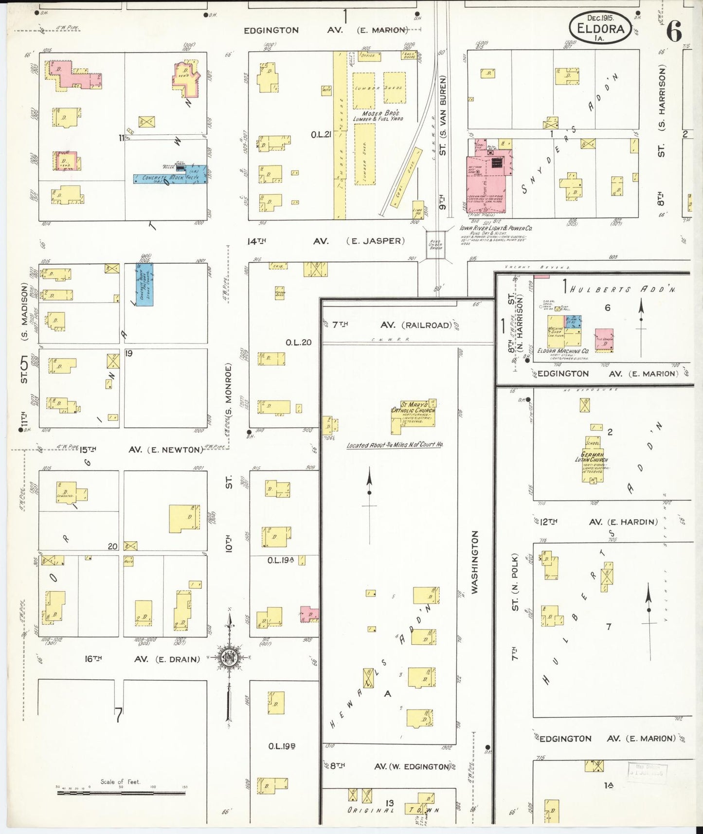Sanborn Fire Insurance Map from Eldora, Hardin County, Iowa (1915), Sheet #0006 - Historic Sanborn Fire Insurance Map Print, vintage old map wall art
