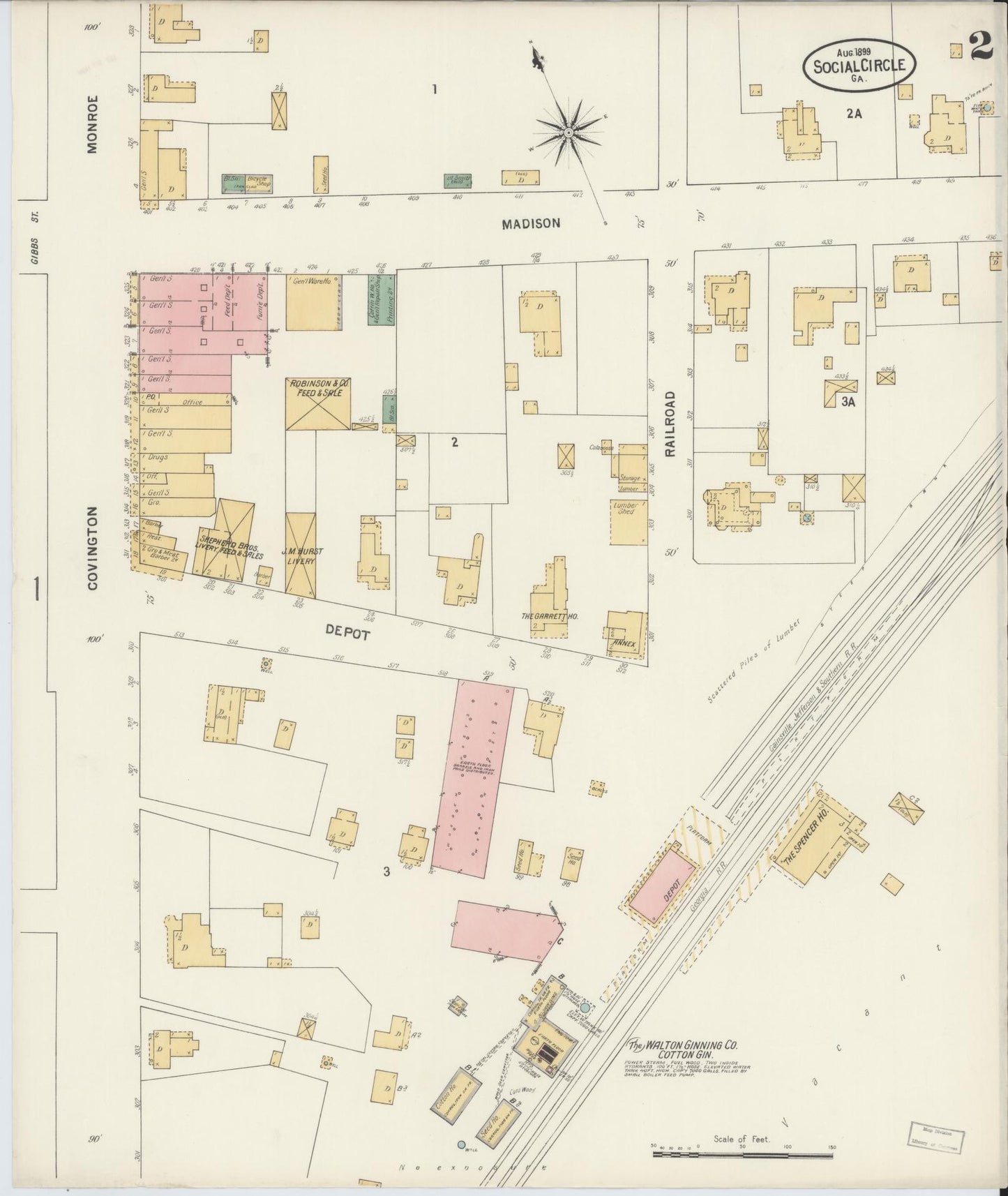 Sanborn Fire Insurance Map from Social Circle, Walton County, Georgia (1899), Sheet #0002 - Complete Map Set gallery image, historic Sanborn map, vintage wall art, Georgia Georgia