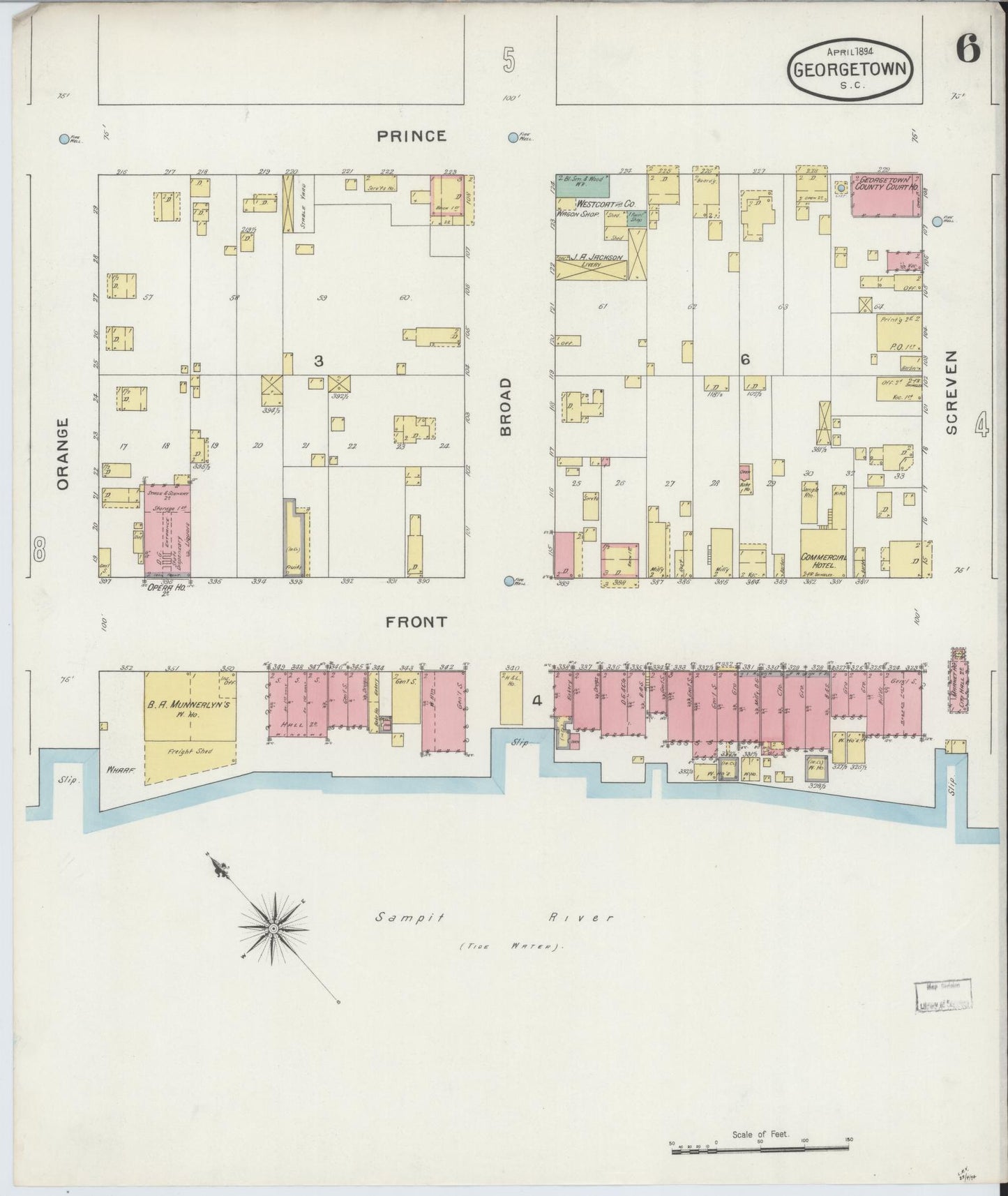 Sanborn Fire Insurance Map from Georgetown, Georgetown County, South Carolina (1894), Sheet #0006 - Historic Sanborn Fire Insurance Map Print, vintage old map wall art, antique decor, genealogy gift, South Carolina South Carolina map