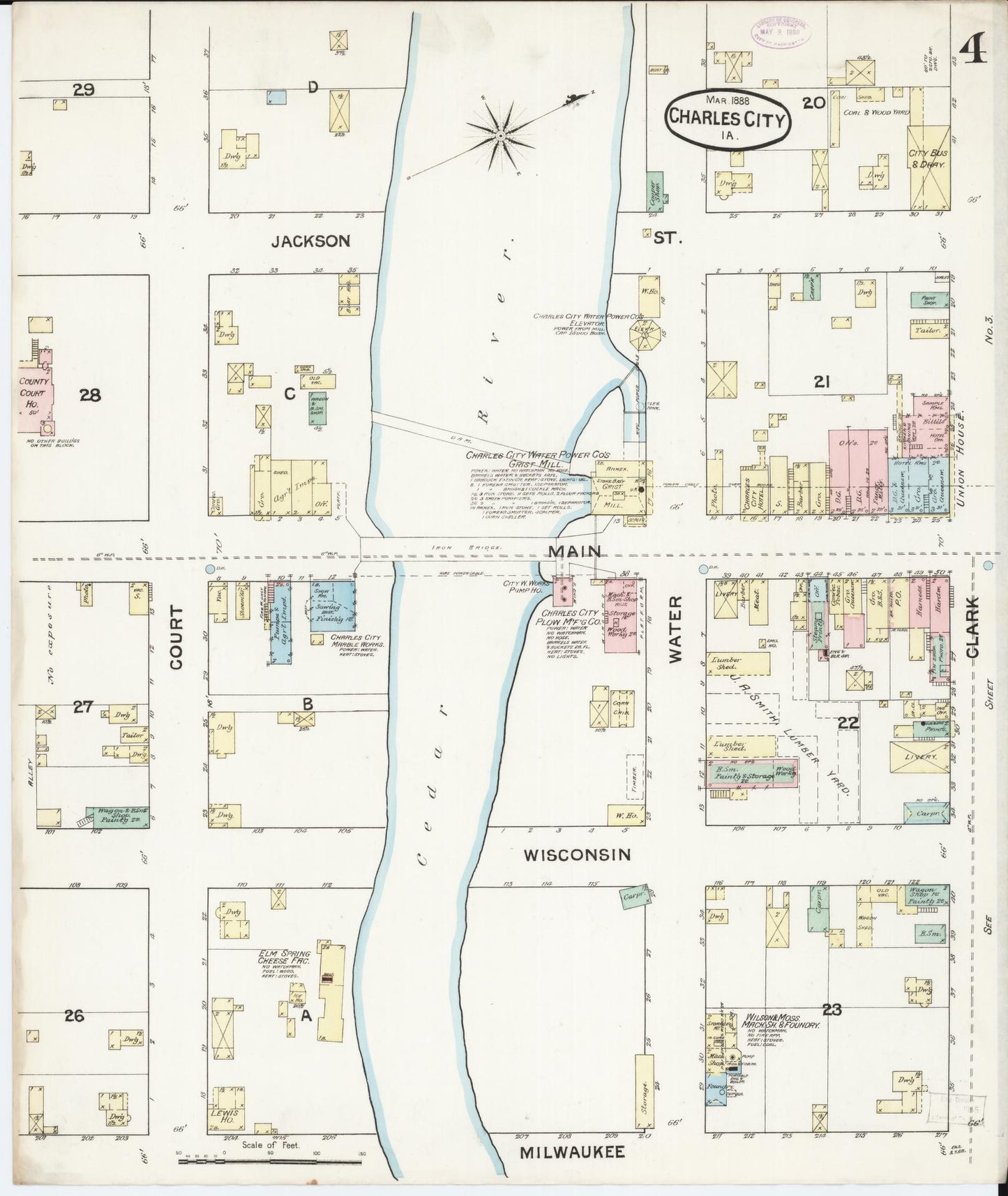Sanborn Fire Insurance Map from Charles City, Floyd County, Iowa (1888), Sheet #0004 - Historic Sanborn Fire Insurance Map Print, vintage old map wall art