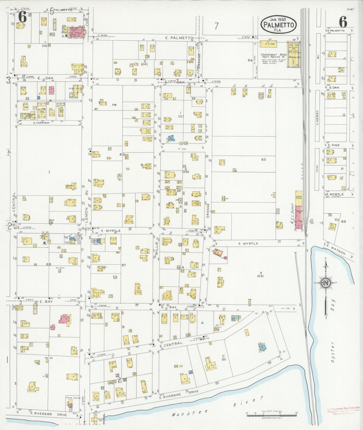 Sanborn Fire Insurance Map from Palmetto, Manatee County, Florida (1930), Sheet #0006 - Historic Sanborn Fire Insurance Map Print, vintage old map wall art, antique decor, genealogy gift, Florida Florida map