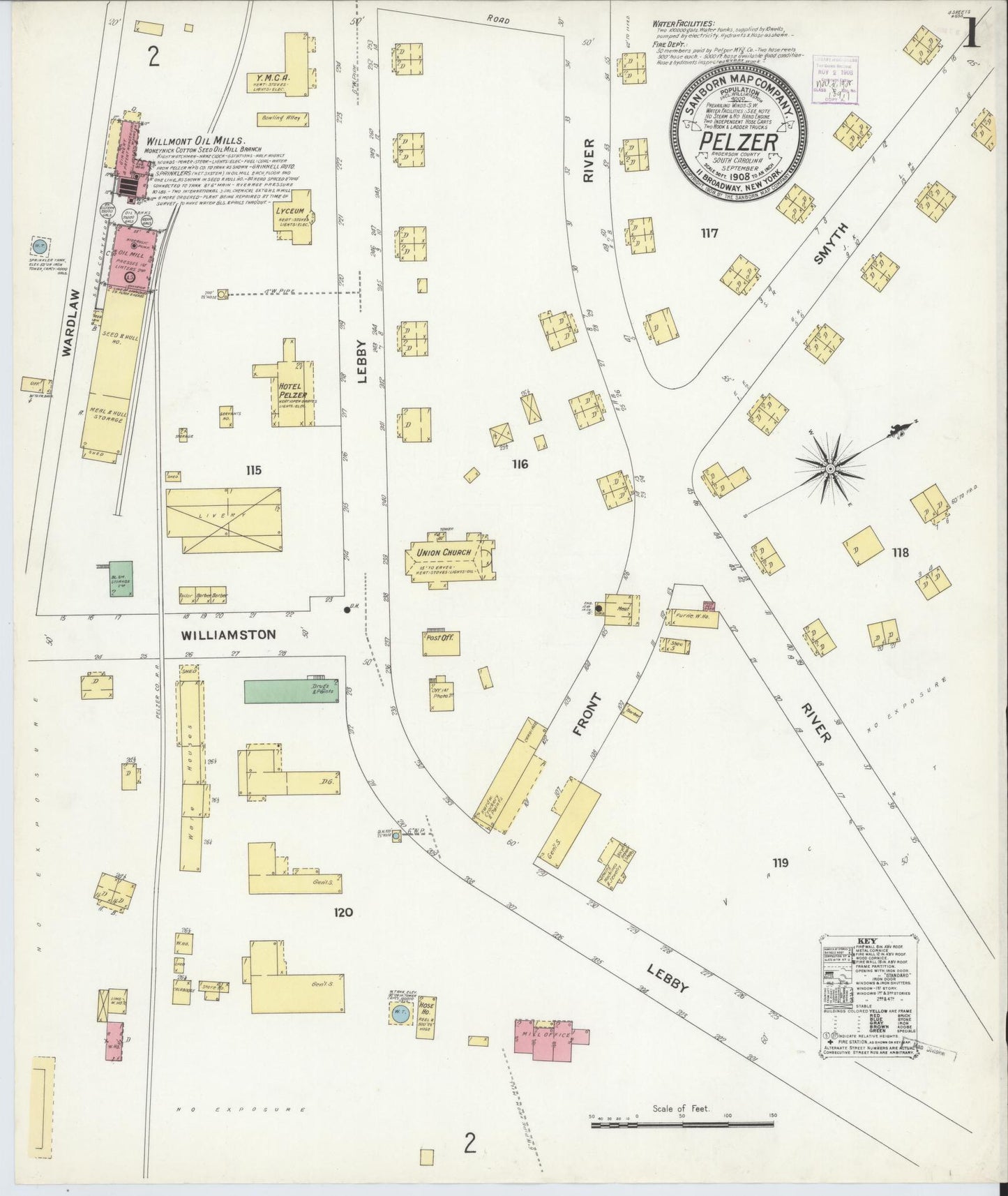 Sanborn Fire Insurance Map from Pelzer, Anderson County, South Carolina (1908), Sheet #0001 - Historic Sanborn Fire Insurance Map Print, vintage old map wall art, antique decor, genealogy gift, South Carolina South Carolina map