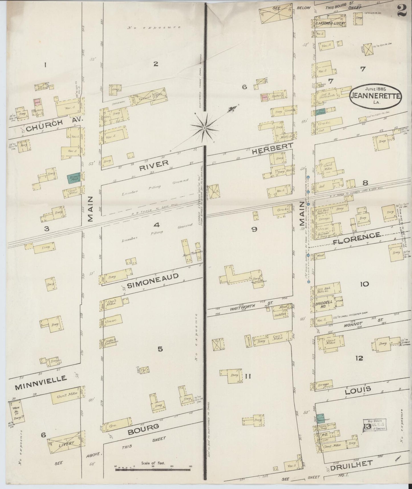 Sanborn Fire Insurance Map from Jeannerette, Iberia Parish, Louisiana (1885), Sheet #0002 - Historic Sanborn Fire Insurance Map Print, vintage old map wall art, antique decor, genealogy gift, Louisiana Louisiana map