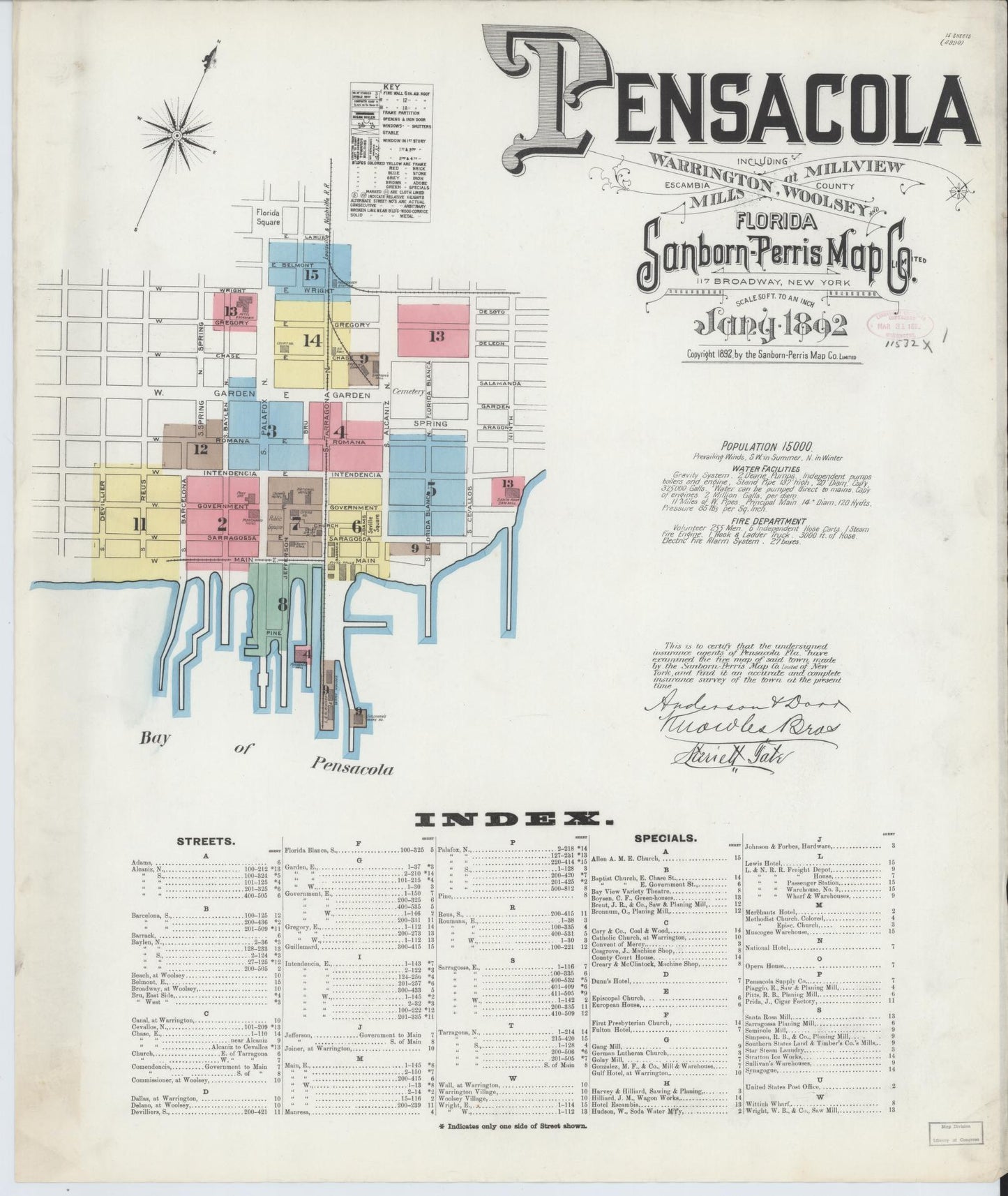 Sanborn Fire Insurance Map from Pensacola, Escambia County, Florida (1892), Sheet #0001 - Historic Sanborn Fire Insurance Map Print, vintage old map wall art, antique decor, genealogy gift, Florida Florida map