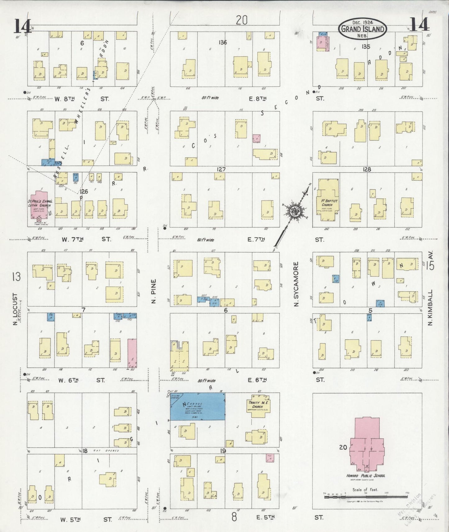 Sanborn Fire Insurance Map from Grand Island, Hall County, Nebraska (1924), Sheet #0014 - Historic Sanborn Fire Insurance Map Print, vintage old map wall art, antique decor, genealogy gift, Nebraska Nebraska map
