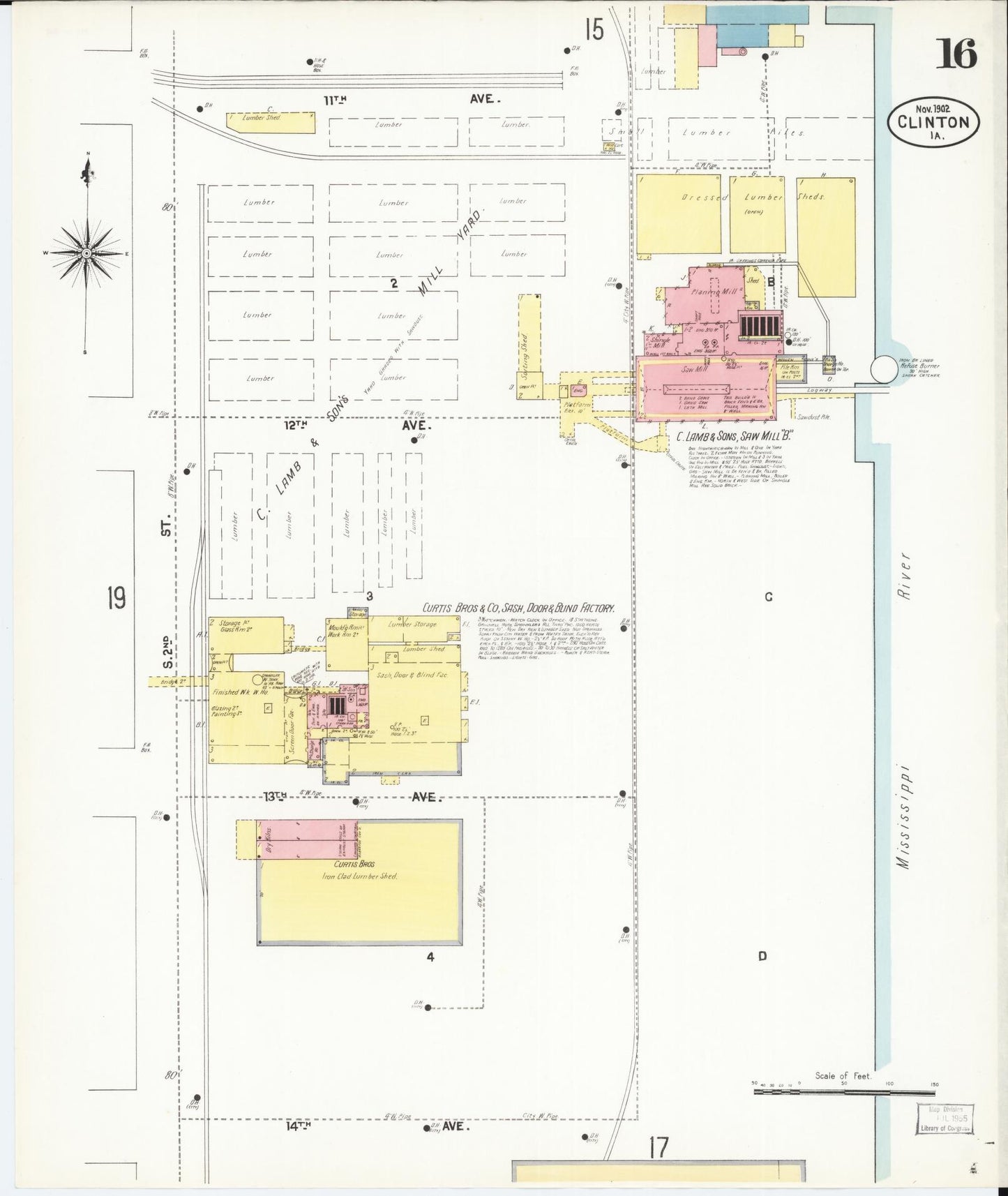 Sanborn Fire Insurance Map from Clinton, Clinton County, Iowa (1902), Sheet #0016 - Historic Sanborn Fire Insurance Map Print, vintage old map wall art